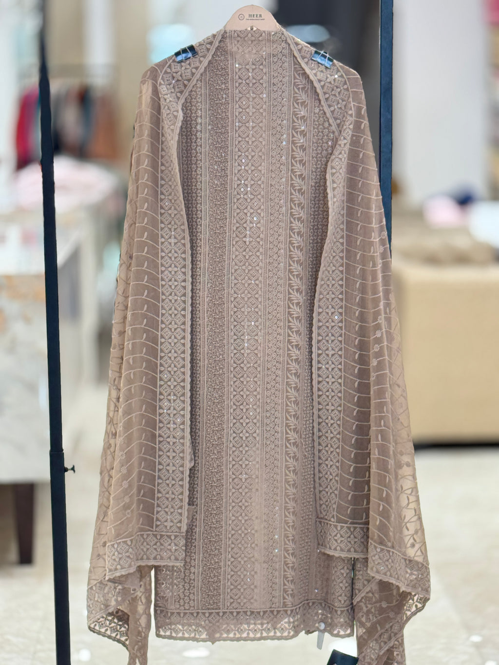 Q562887 Elegant Taupe Brown Unstitched Georgette Suit with Dense Chikankari-Inspired Embroidery and Sequins