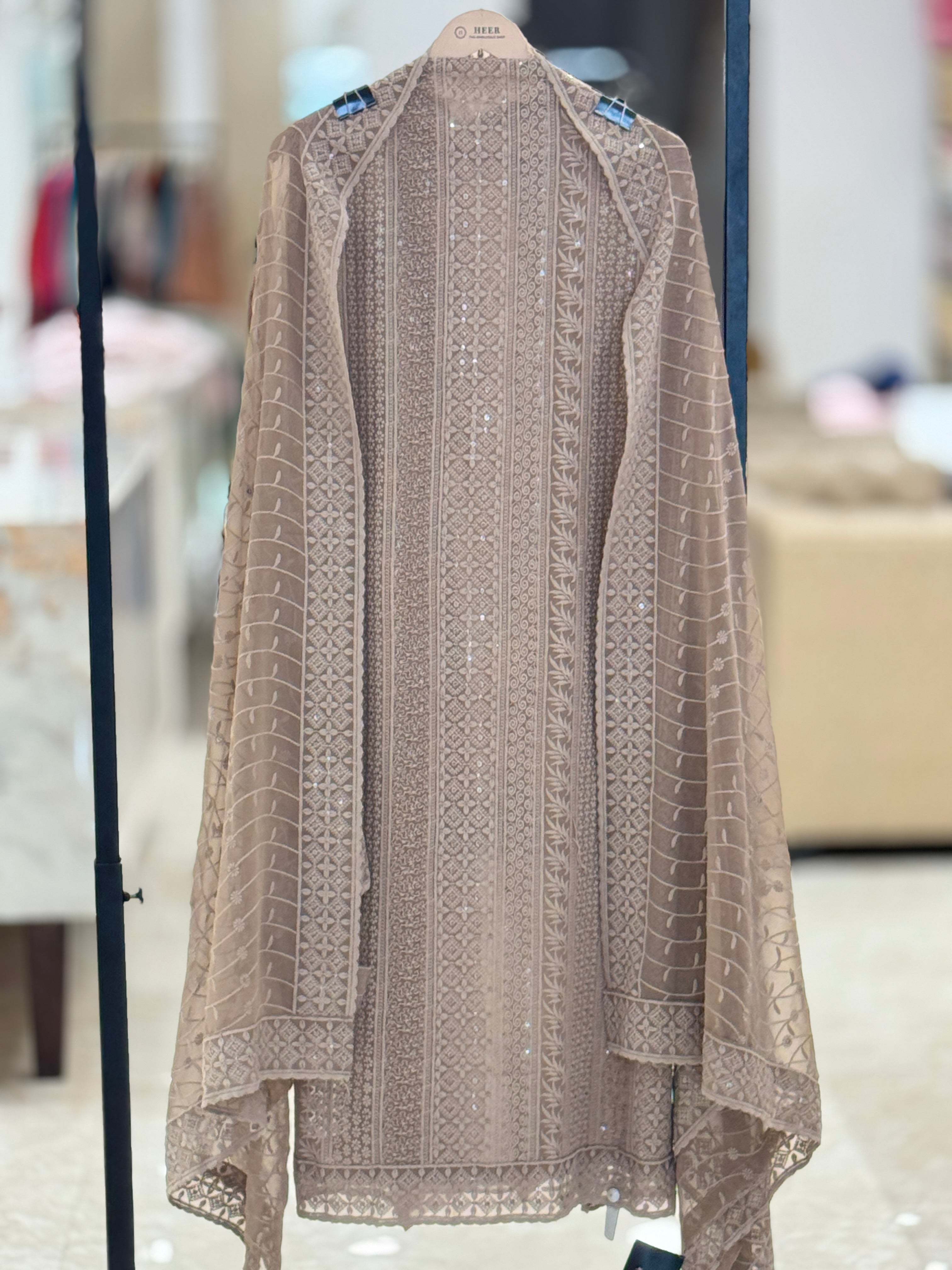 Q562887 Elegant Taupe Brown Unstitched Georgette Suit with Dense Chikankari-Inspired Embroidery and Sequins
