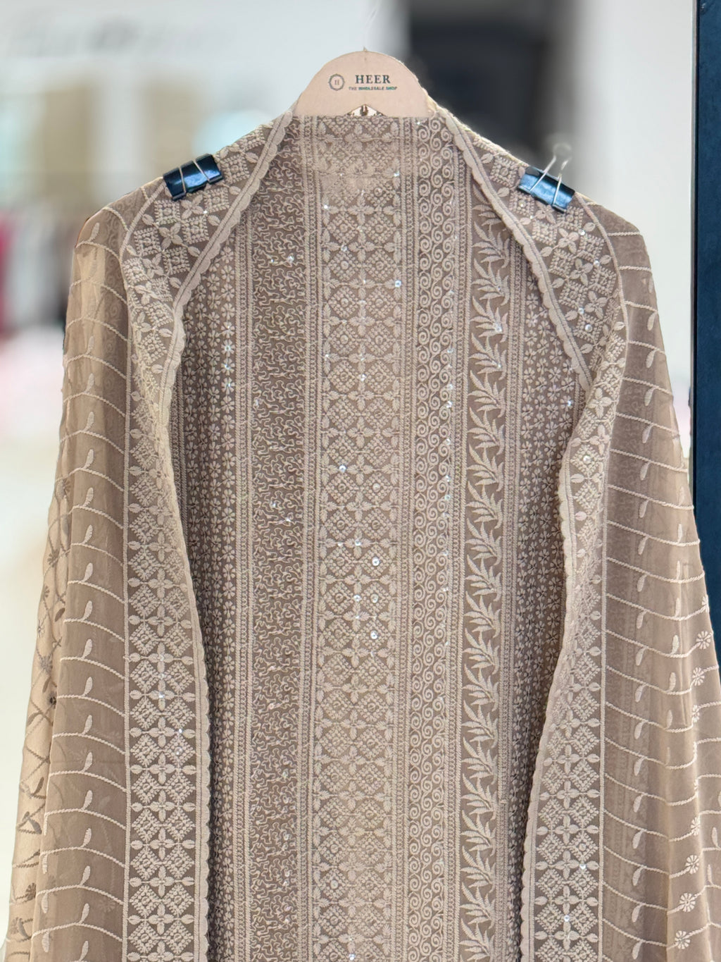 Q562887 Elegant Taupe Brown Unstitched Georgette Suit with Dense Chikankari-Inspired Embroidery and Sequins