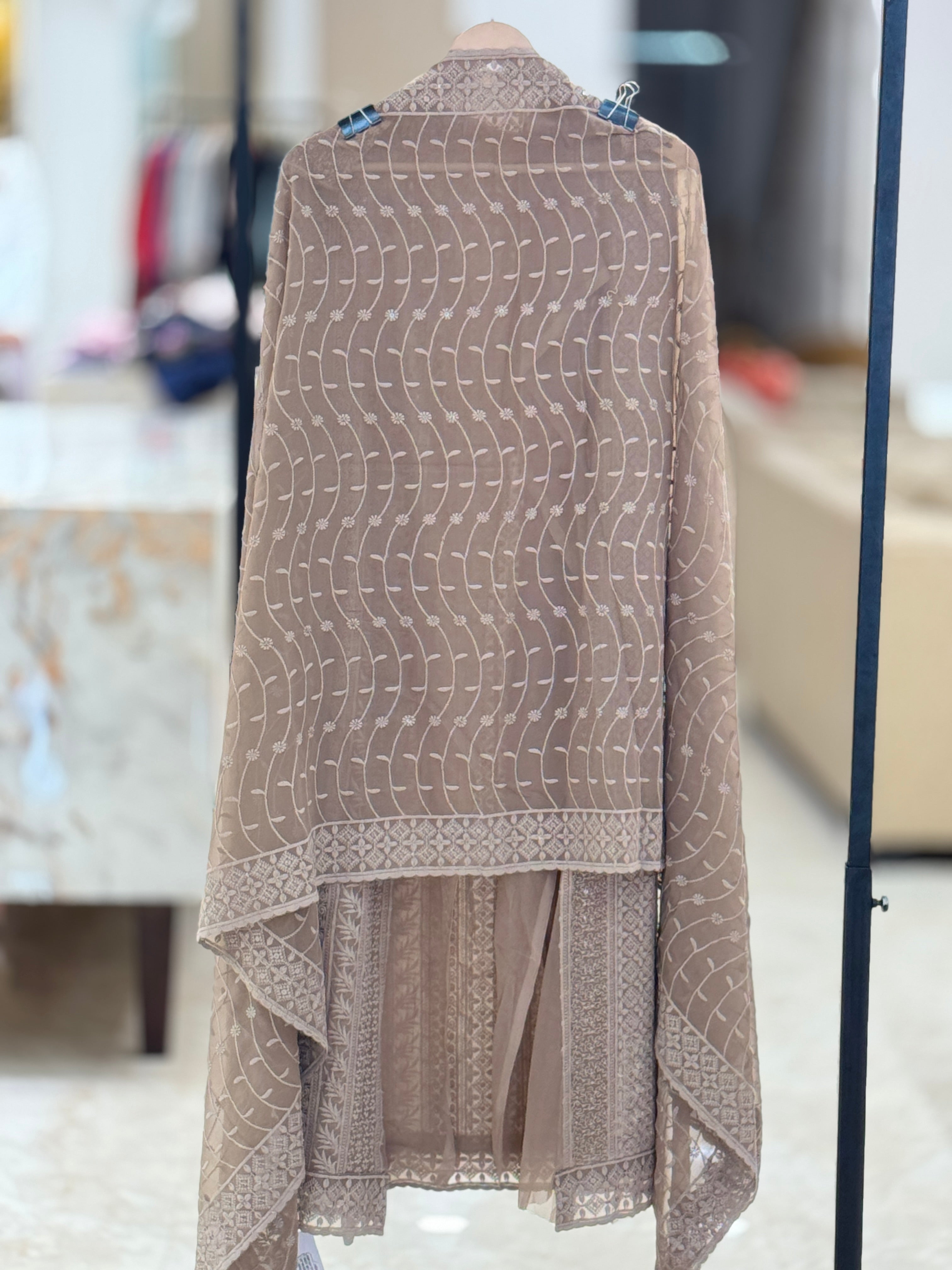 Q562887 Elegant Taupe Brown Unstitched Georgette Suit with Dense Chikankari-Inspired Embroidery and Sequins
