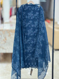 Q562900 Midnight Blue Unstitched Cotton Suit with Icy-Blue Floral Embroidery and Schiffli Cutwork