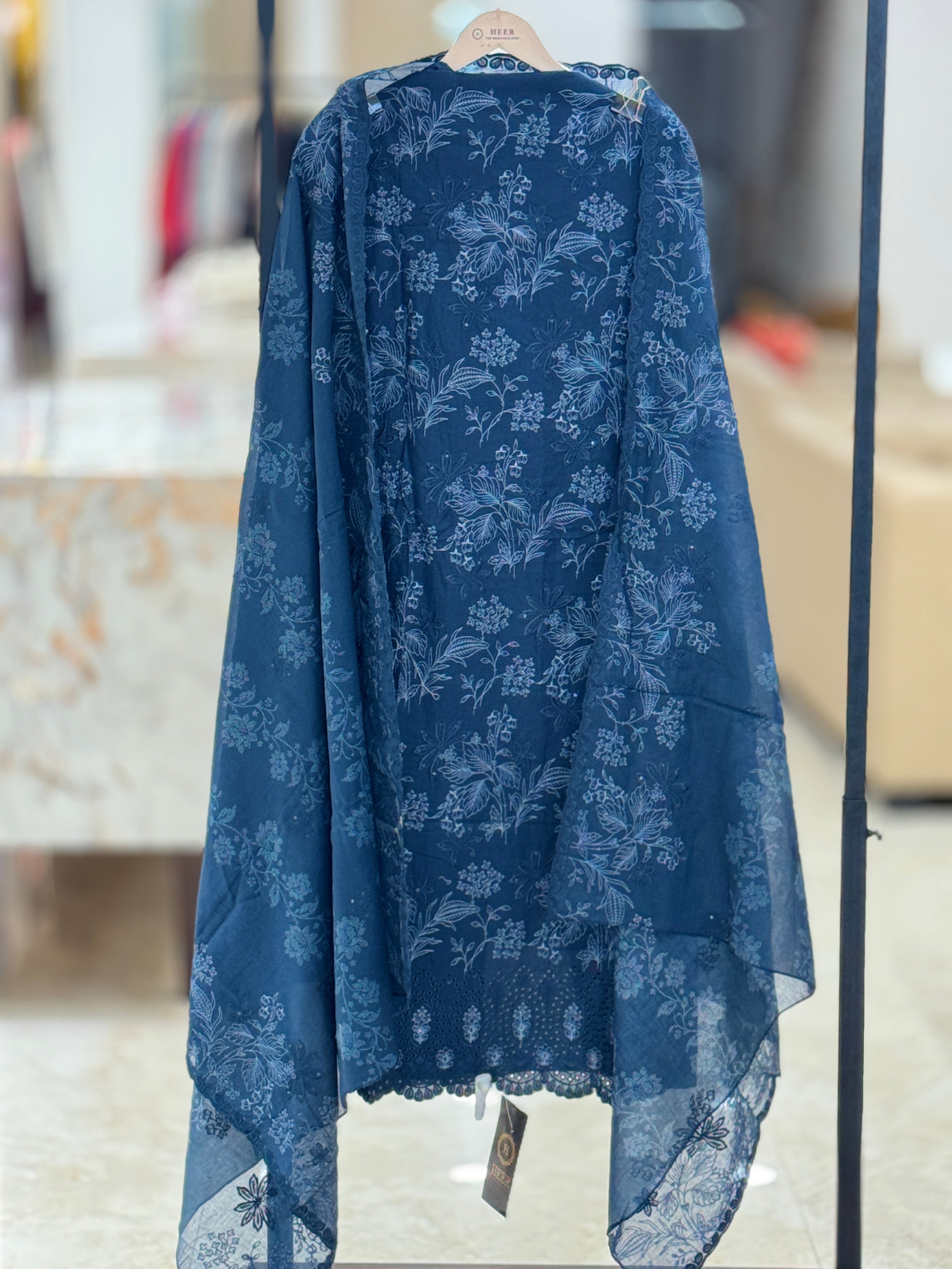 Q562900 Midnight Blue Unstitched Cotton Suit with Icy-Blue Floral Embroidery and Schiffli Cutwork