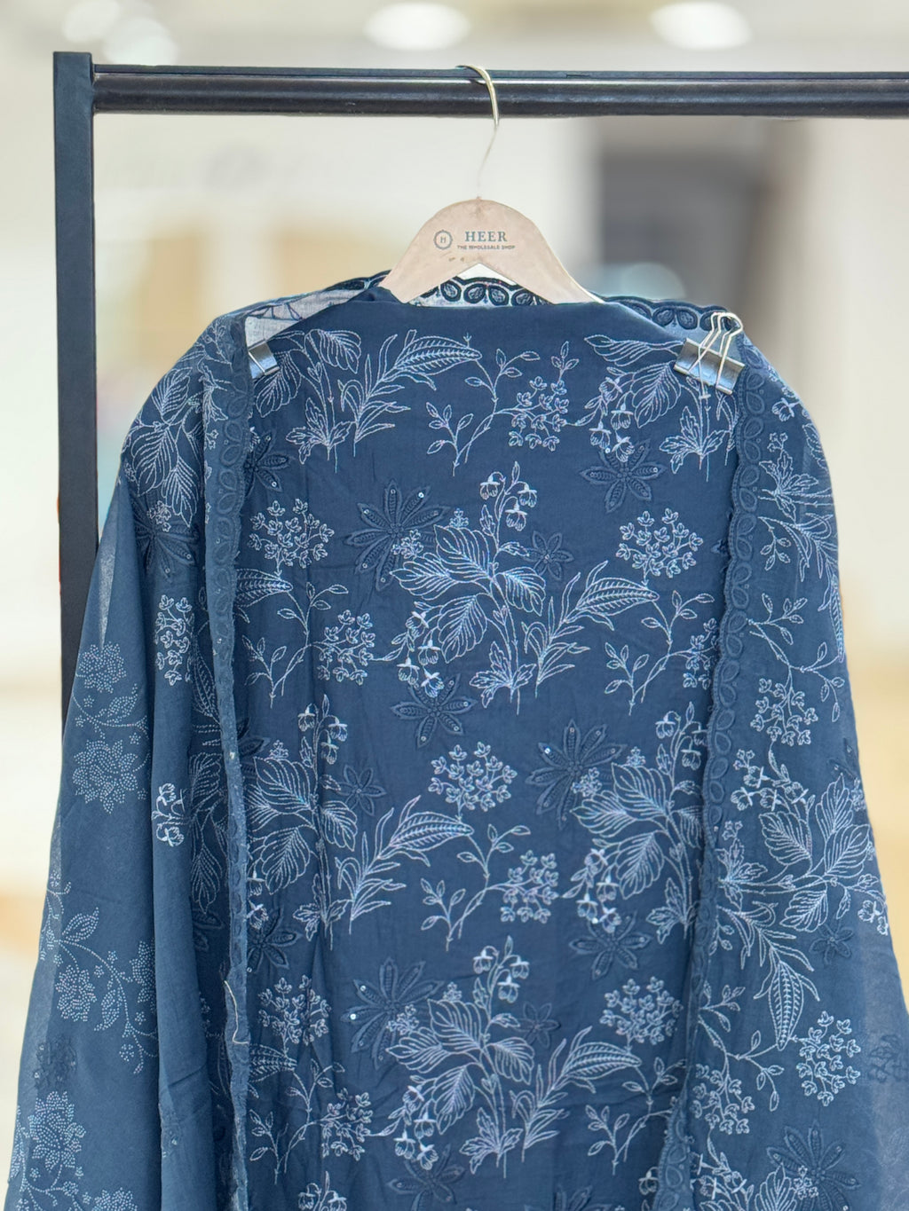 Q562900 Midnight Blue Unstitched Cotton Suit with Icy-Blue Floral Embroidery and Schiffli Cutwork
