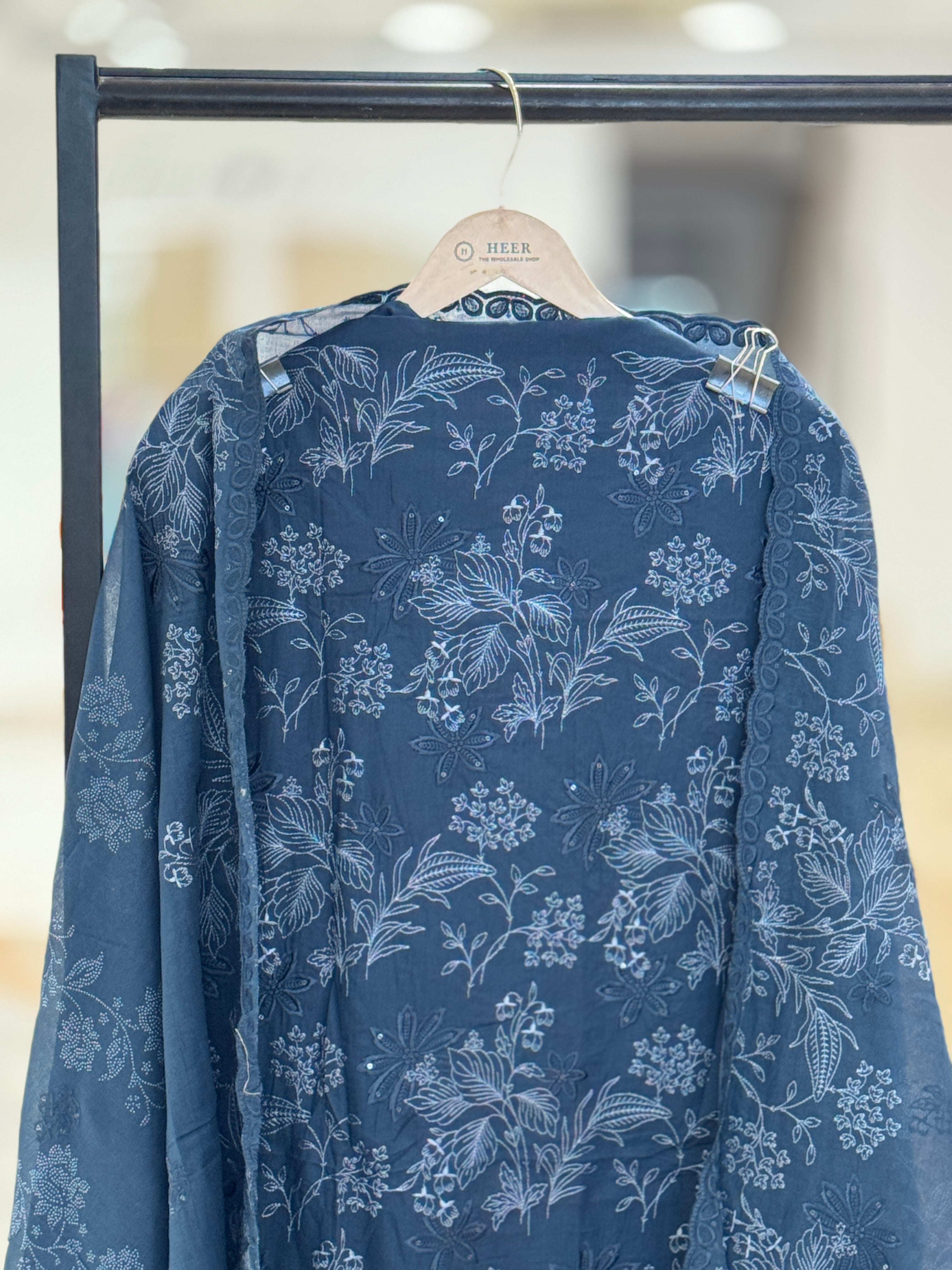 Q562900 Midnight Blue Unstitched Cotton Suit with Icy-Blue Floral Embroidery and Schiffli Cutwork