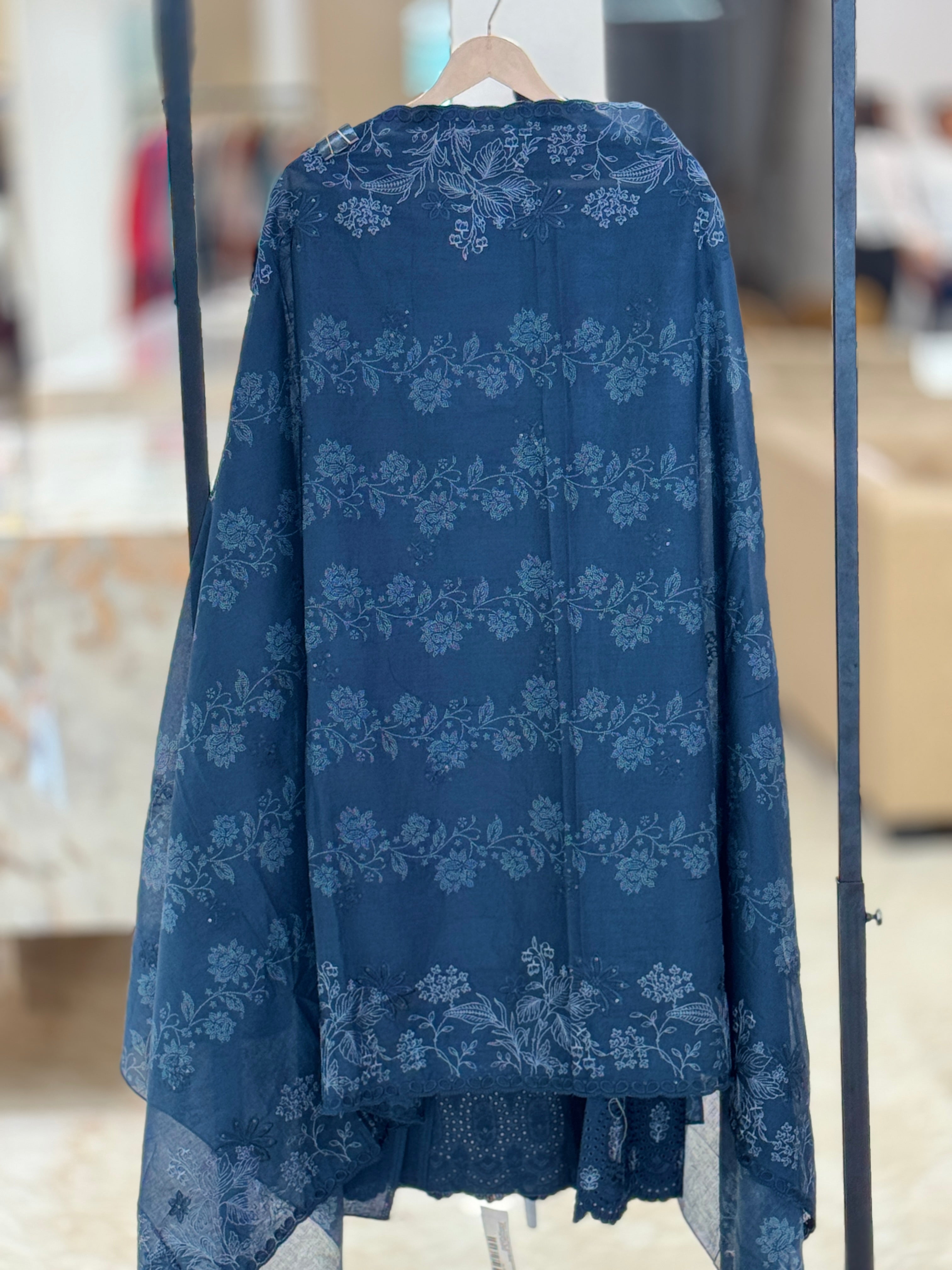 Q562900 Midnight Blue Unstitched Cotton Suit with Icy-Blue Floral Embroidery and Schiffli Cutwork