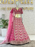 Intricate Embroidered Magenta Pink Crop Top Skirt Set with Matching Net Dupatta q562262