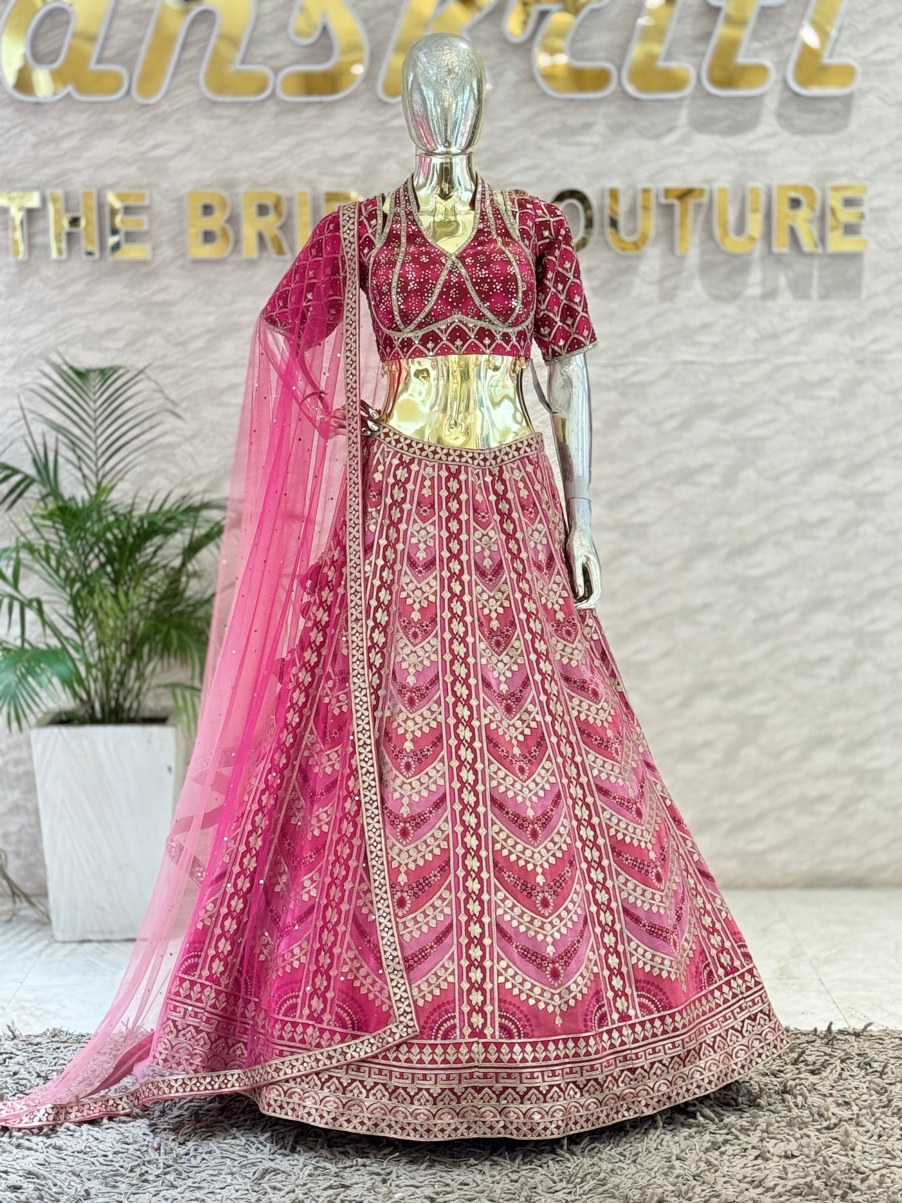 Intricate Embroidered Magenta Pink Crop Top Skirt Set with Matching Net Dupatta q562262