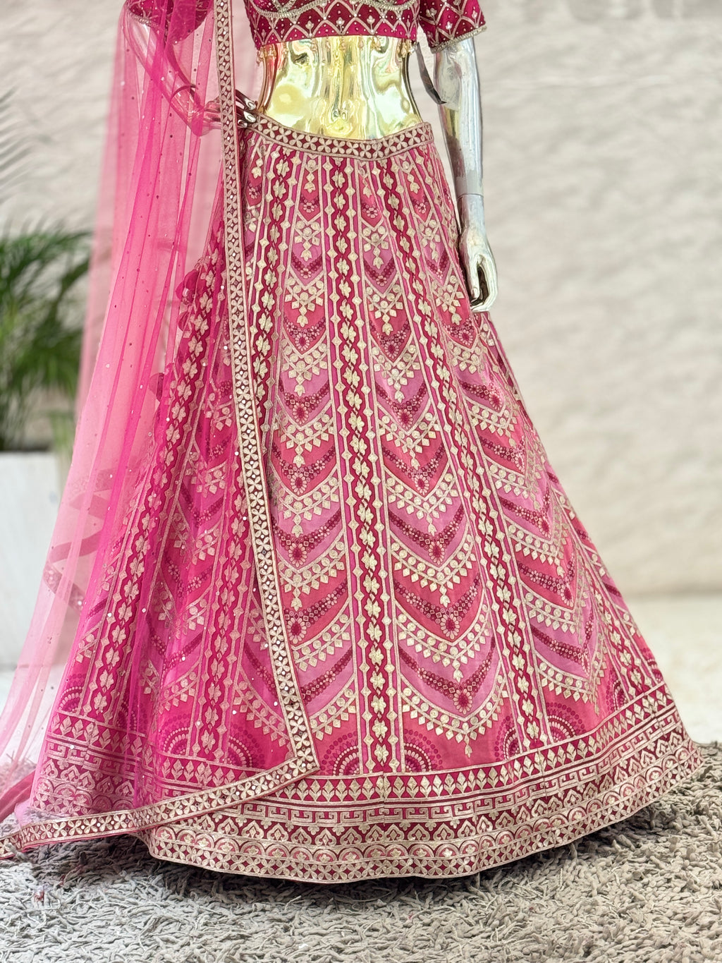Intricate Embroidered Magenta Pink Crop Top Skirt Set with Matching Net Dupatta q562262