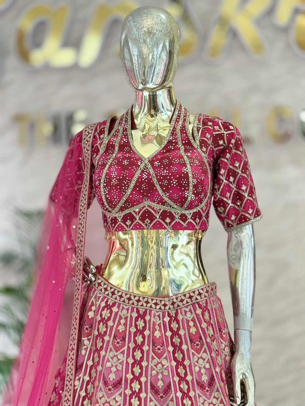 Intricate Embroidered Magenta Pink Crop Top Skirt Set with Matching Net Dupatta q562262
