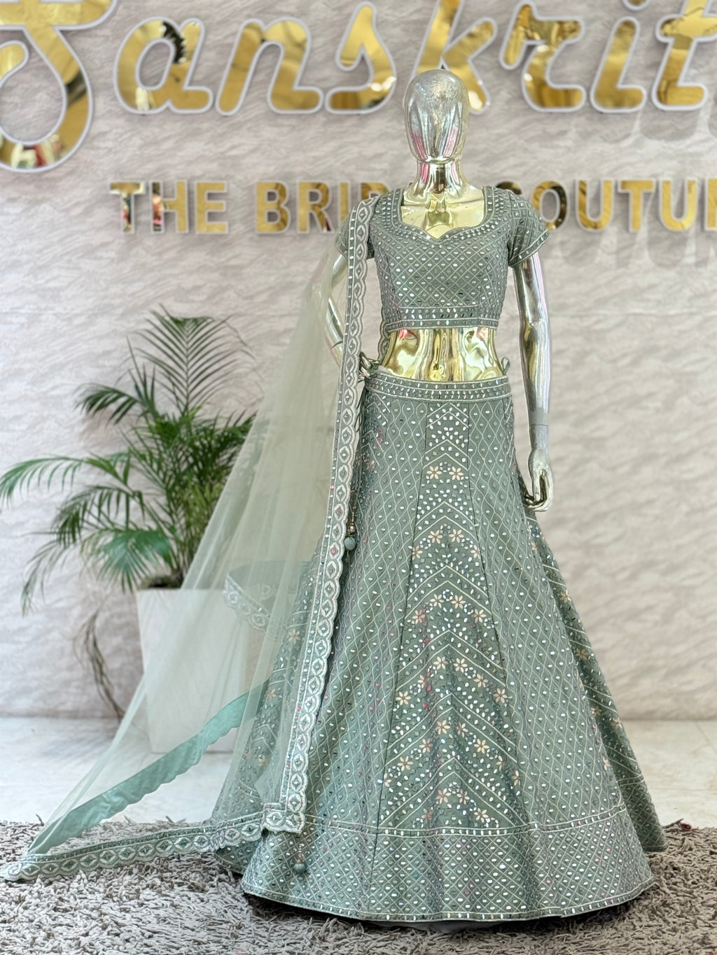 Sage Green Mirror Work Crop Top Lehenga Skirt Set with Matching Net Dupatta 109616