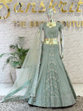 Sage Green Mirror Work Crop Top Lehenga Skirt Set with Matching Net Dupatta 109616