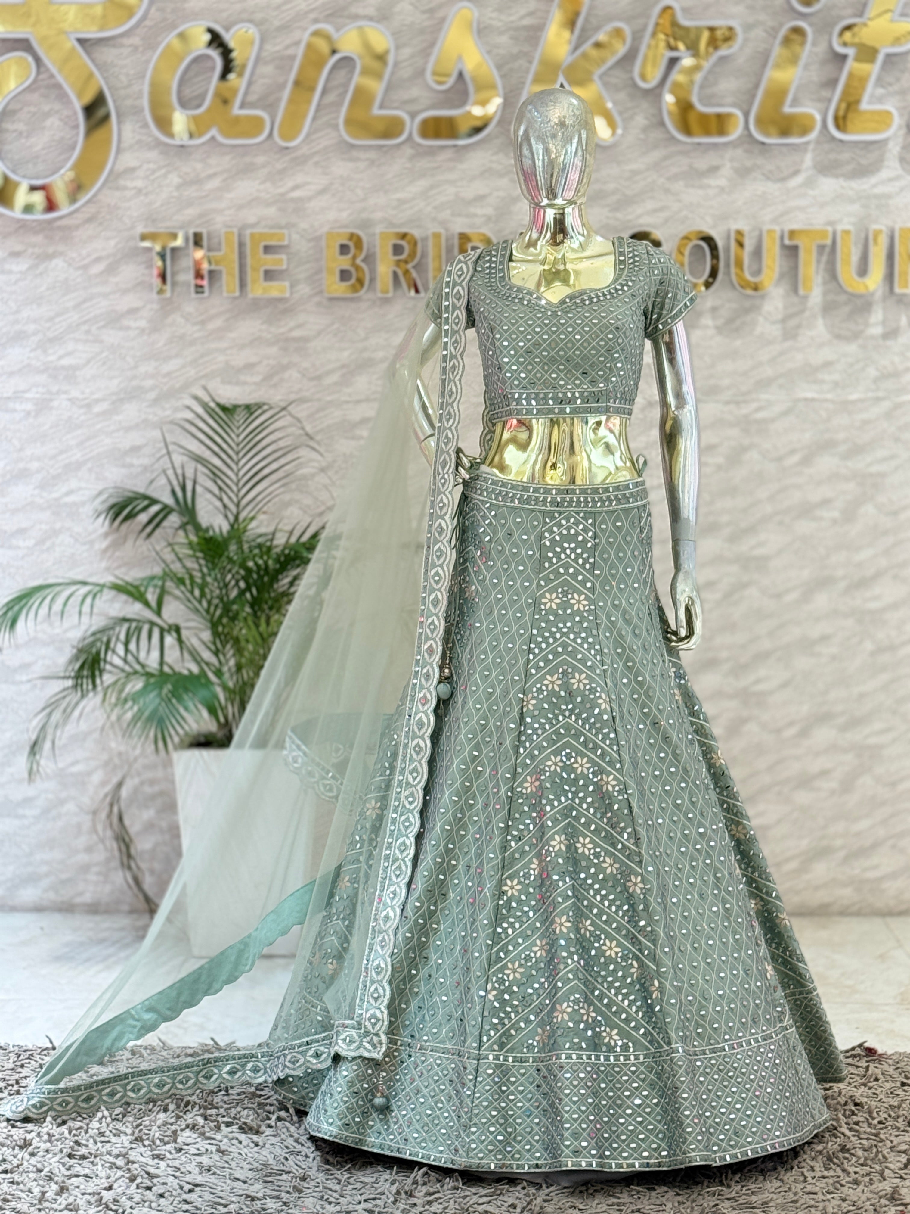 Sage Green Mirror Work Crop Top Lehenga Skirt Set with Matching Net Dupatta 109616