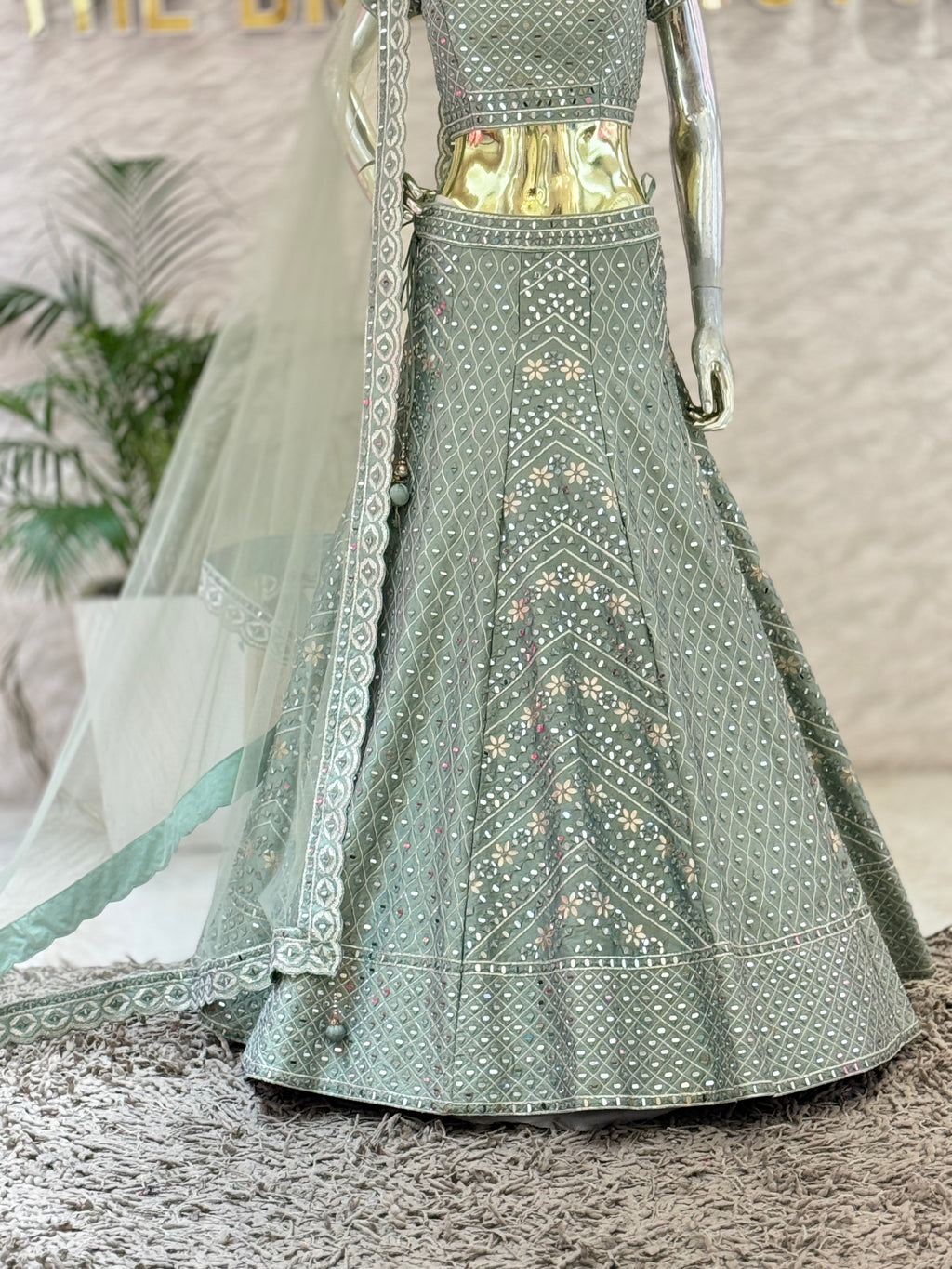 Sage Green Mirror Work Crop Top Lehenga Skirt Set with Matching Net Dupatta 109616