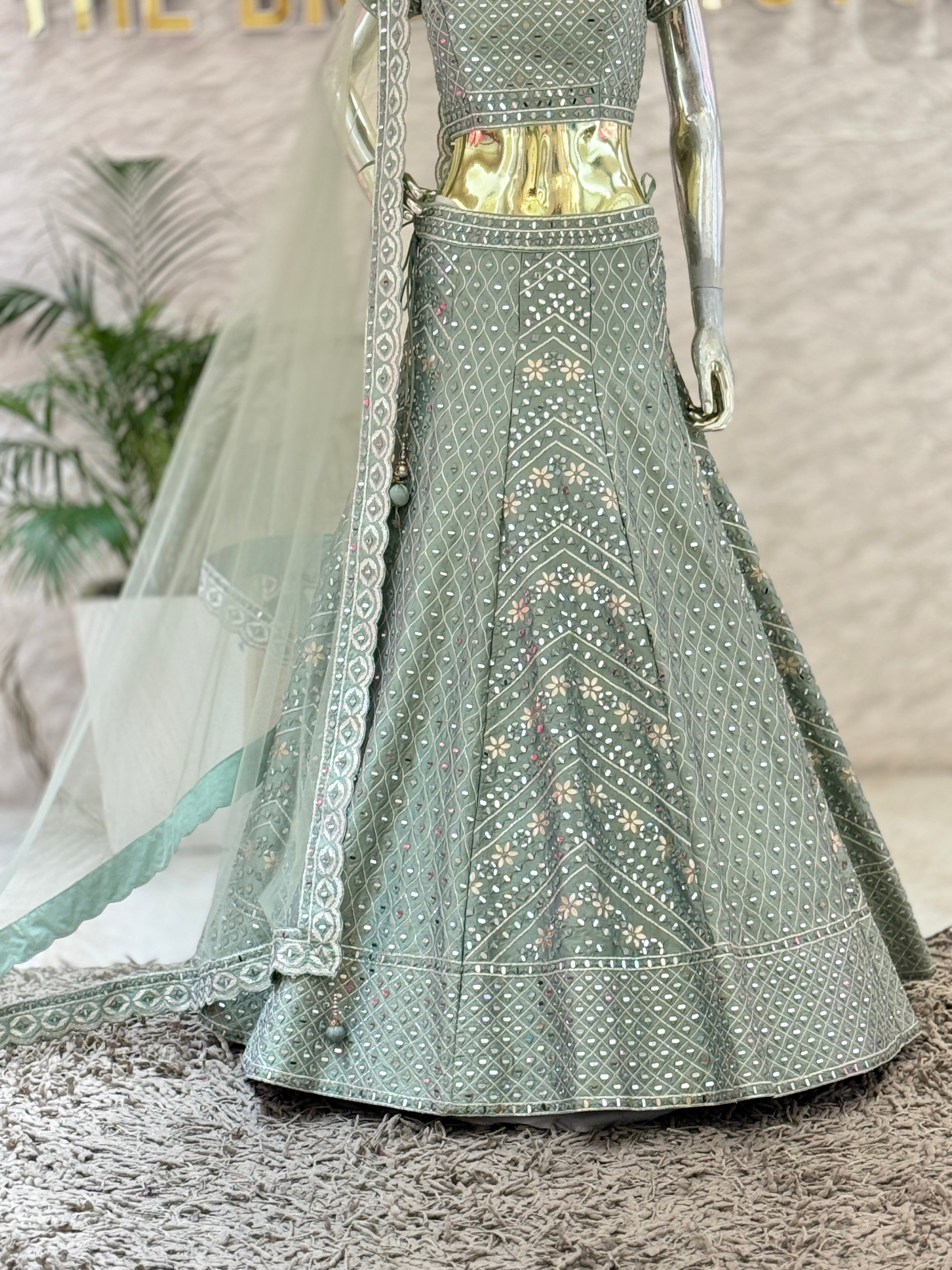 Sage Green Mirror Work Crop Top Lehenga Skirt Set with Matching Net Dupatta 109616