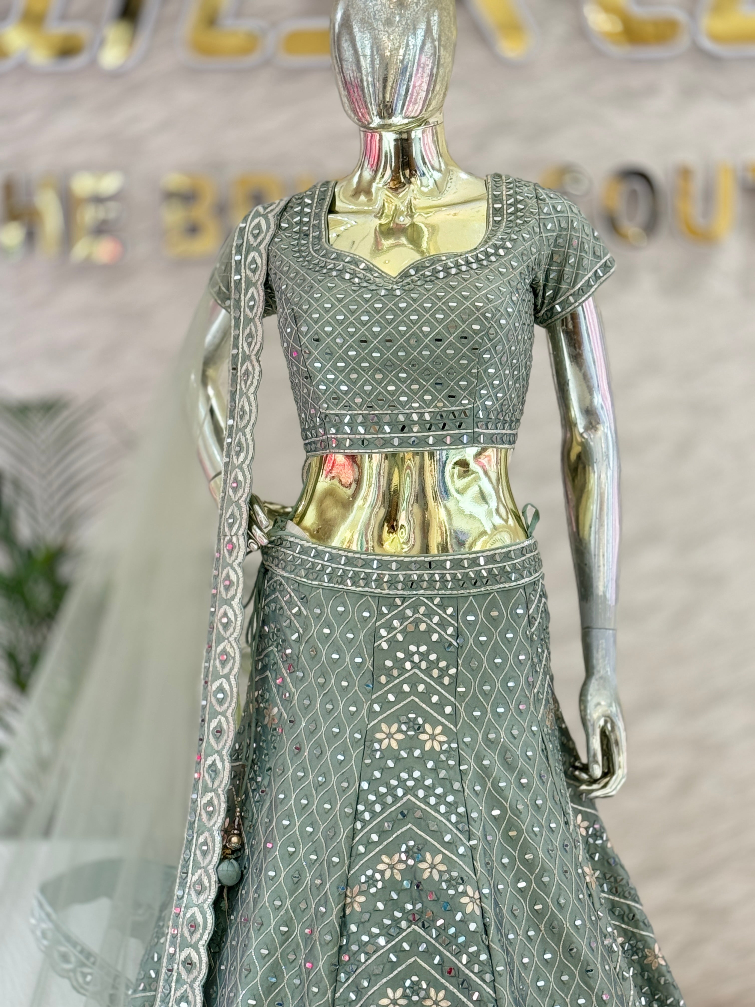 Sage Green Mirror Work Crop Top Lehenga Skirt Set with Matching Net Dupatta 109616