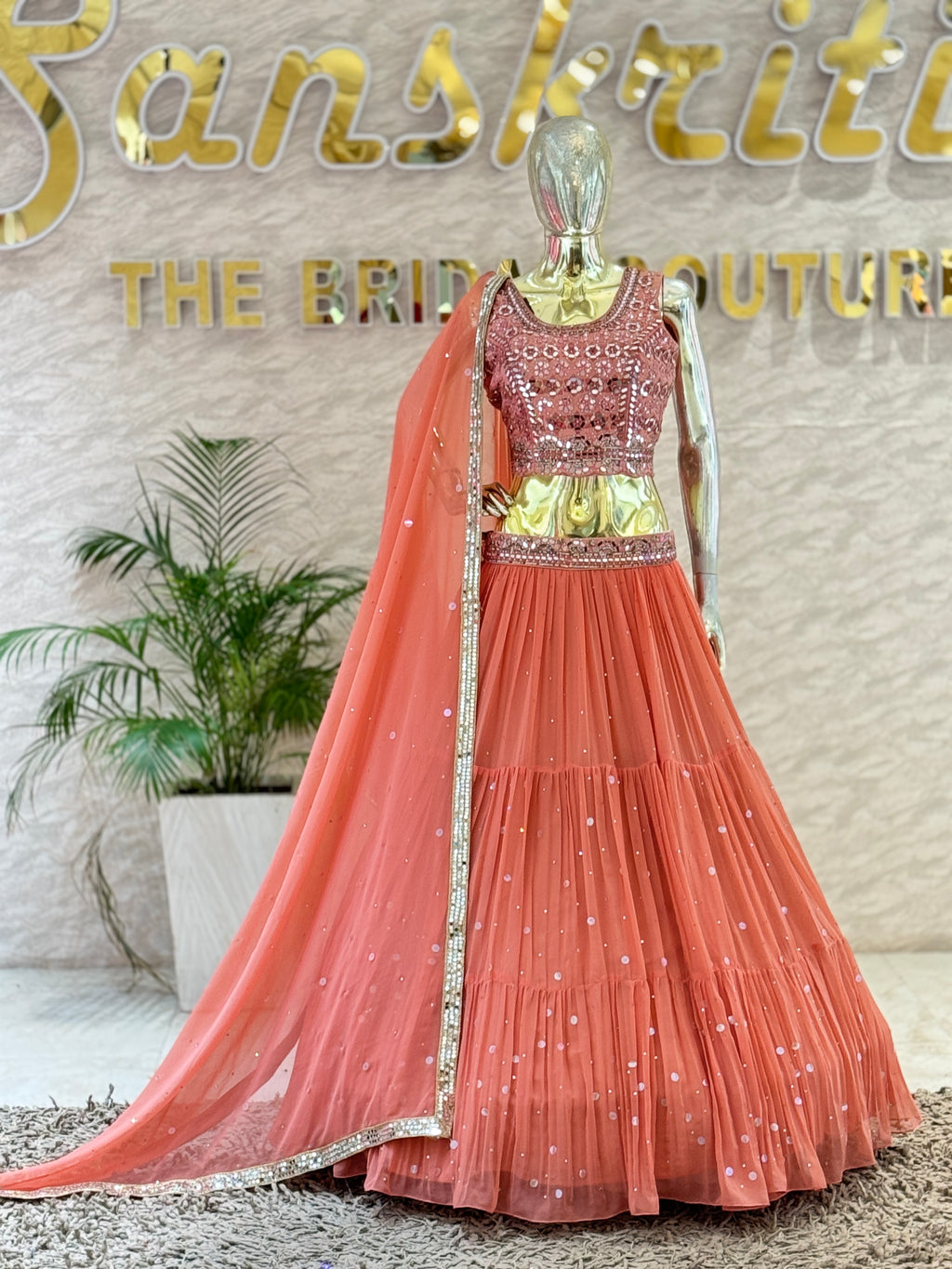 Peach Georgette Tiered Lehenga Skirt & Heavy Mirror Work Crop Top Set with Dupatta 103203