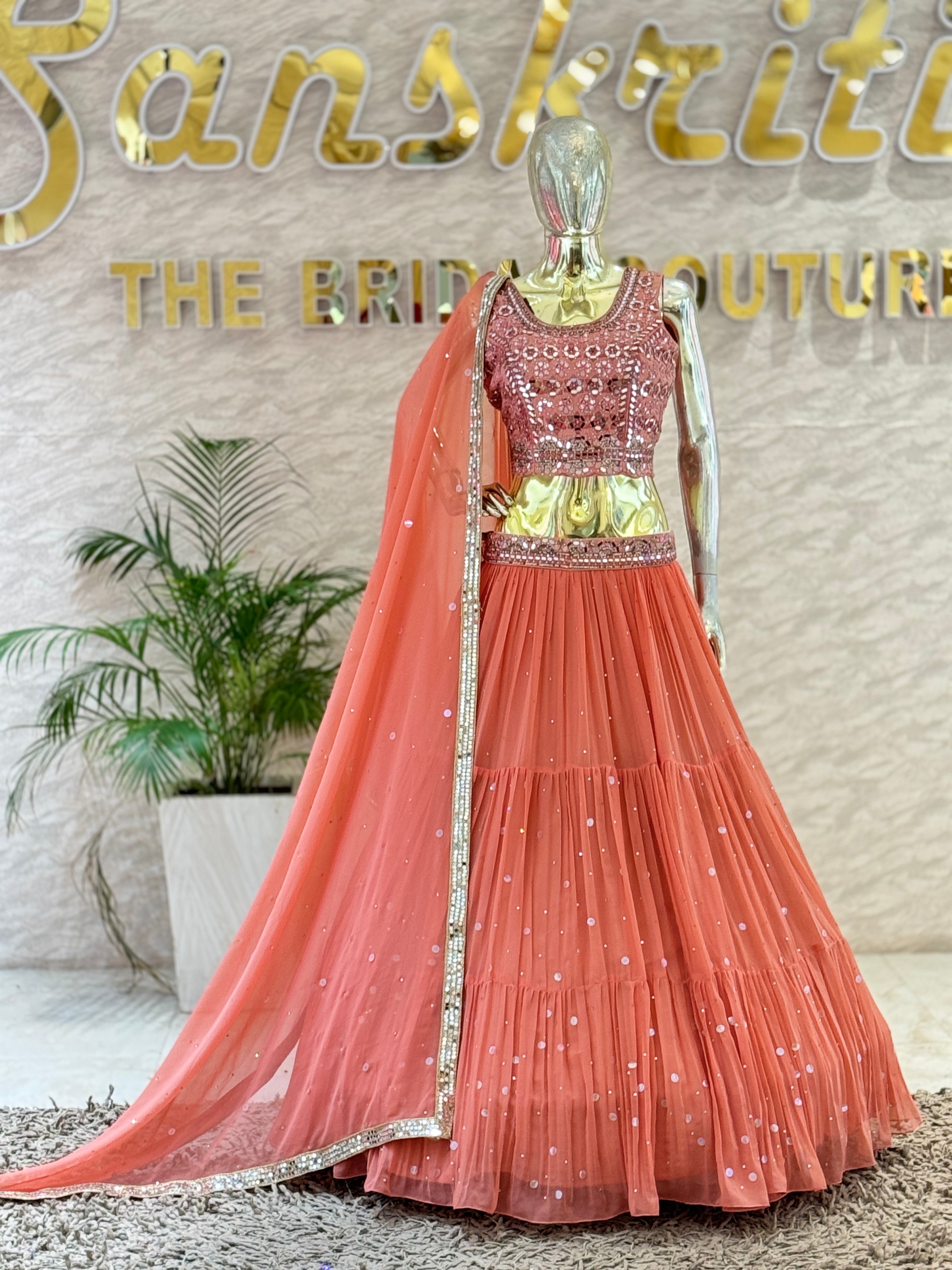 Peach Georgette Tiered Lehenga Skirt & Heavy Mirror Work Crop Top Set with Dupatta 103203