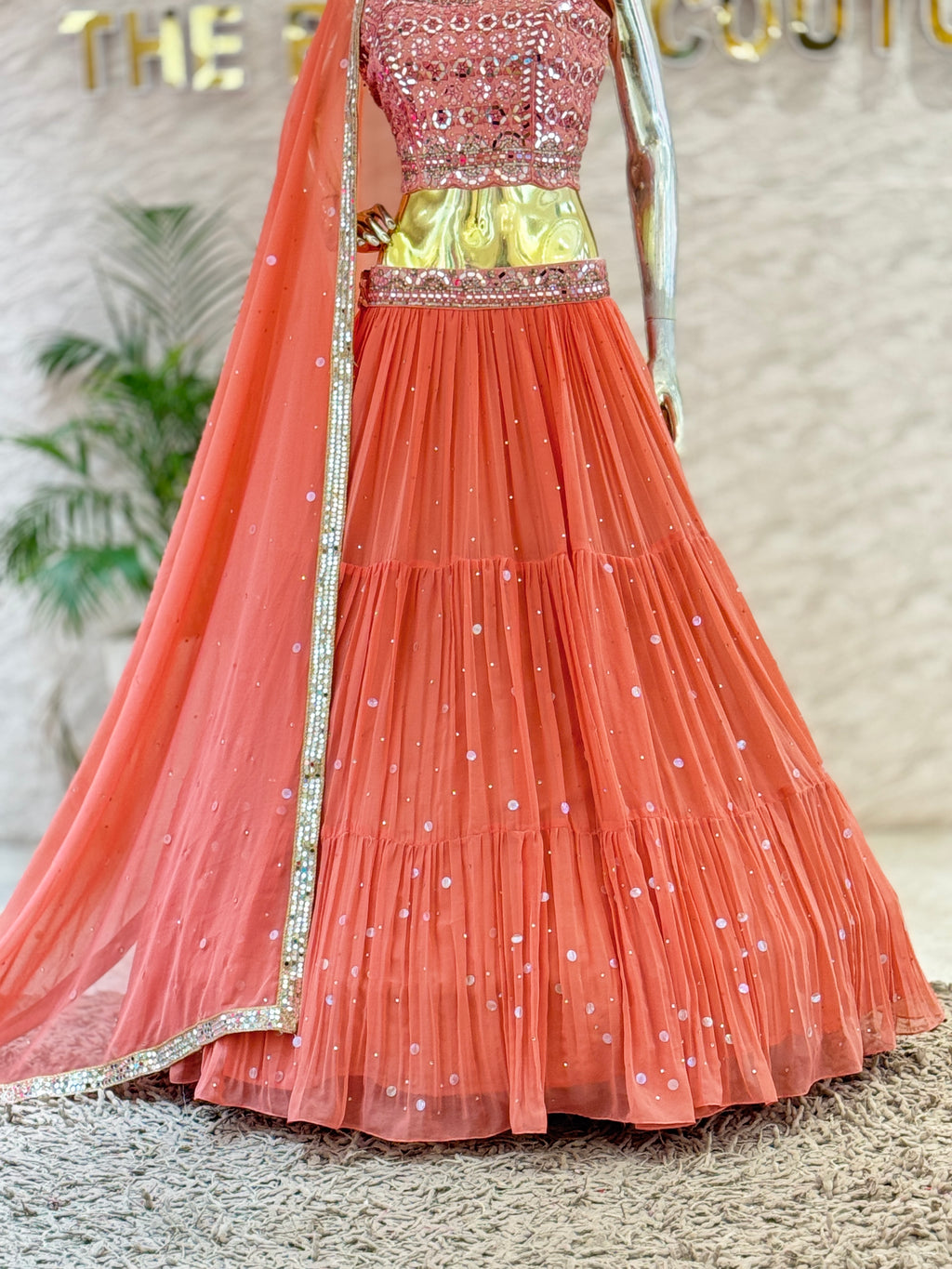 Peach Georgette Tiered Lehenga Skirt & Heavy Mirror Work Crop Top Set with Dupatta 103203