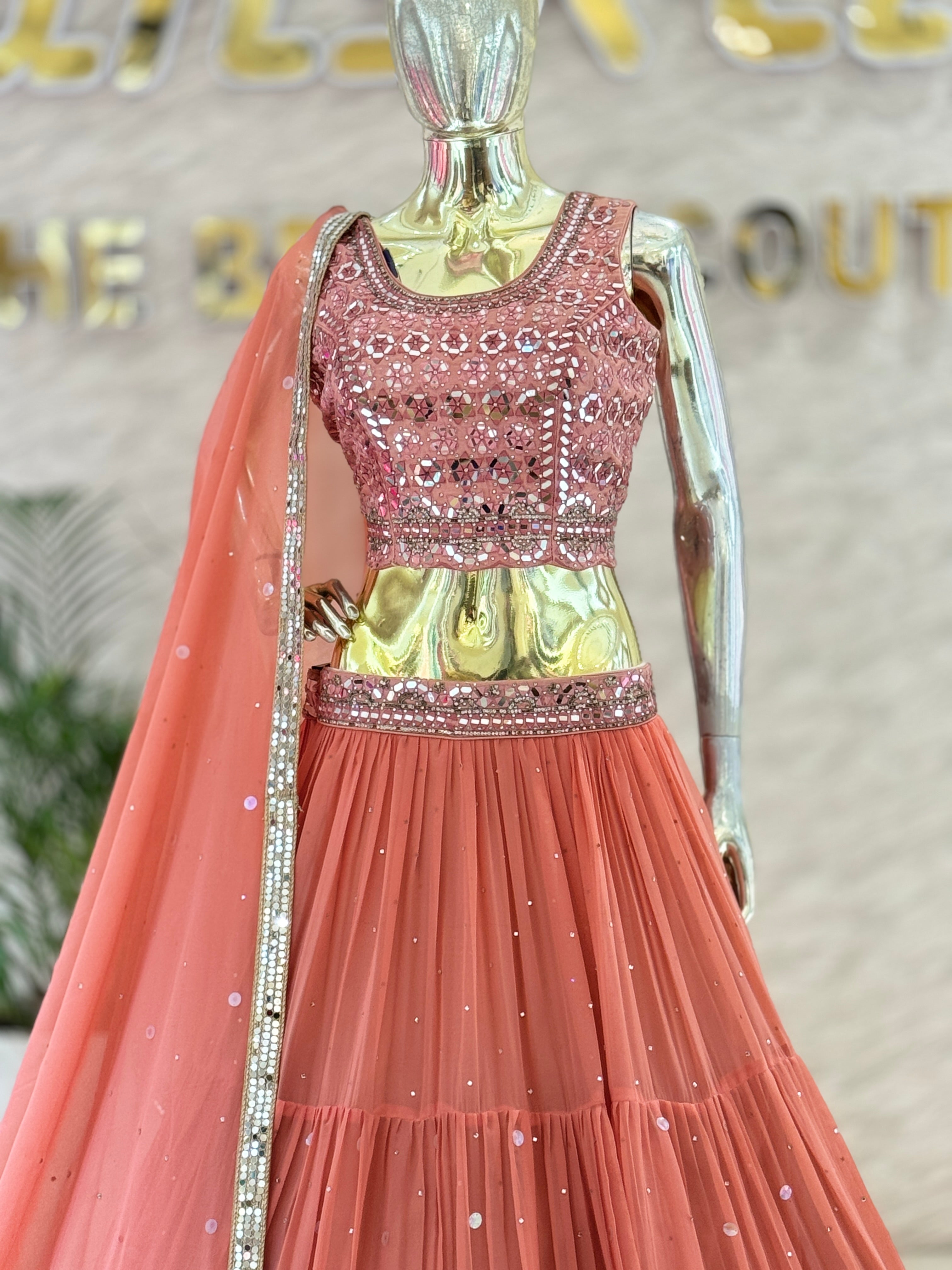 Peach Georgette Tiered Lehenga Skirt & Heavy Mirror Work Crop Top Set with Dupatta 103203