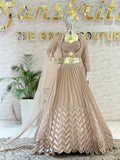 Beige Metallic Accordion Pleated Lehenga Skirt & Embellished Crop Top Set with Jacket & Dupatta q561957