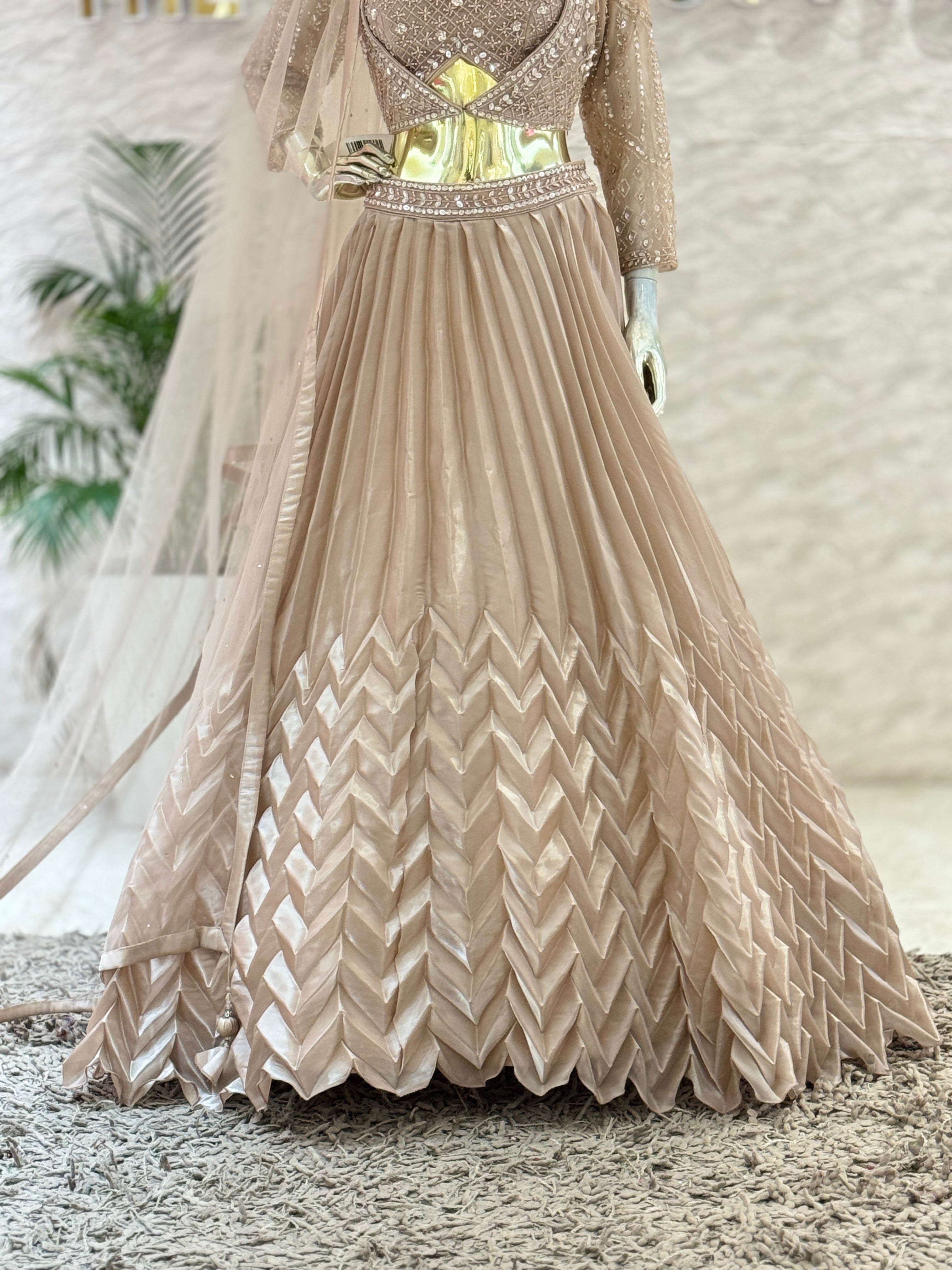 Beige Metallic Accordion Pleated Lehenga Skirt & Embellished Crop Top Set with Jacket & Dupatta q561957