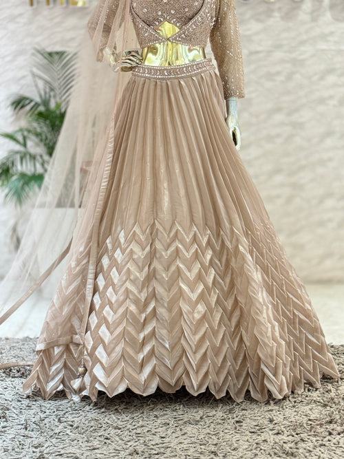 Beige Metallic Accordion Pleated Lehenga Skirt & Embellished Crop Top Set with Jacket & Dupatta q561957