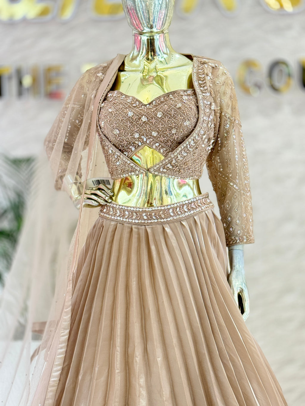 Beige Metallic Accordion Pleated Lehenga Skirt & Embellished Crop Top Set with Jacket & Dupatta q561957