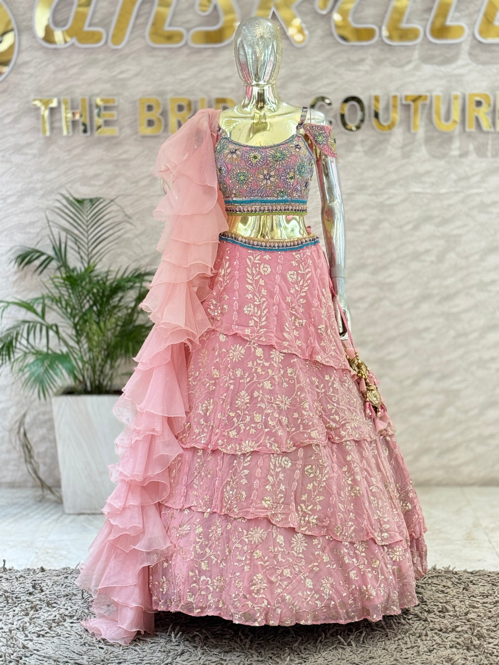Baby Pink Tiered Sequined Lehenga Skirt & Hand-Embroidered Cold-Shoulder Crop Top Set with Ruffled Dupatt 105711a