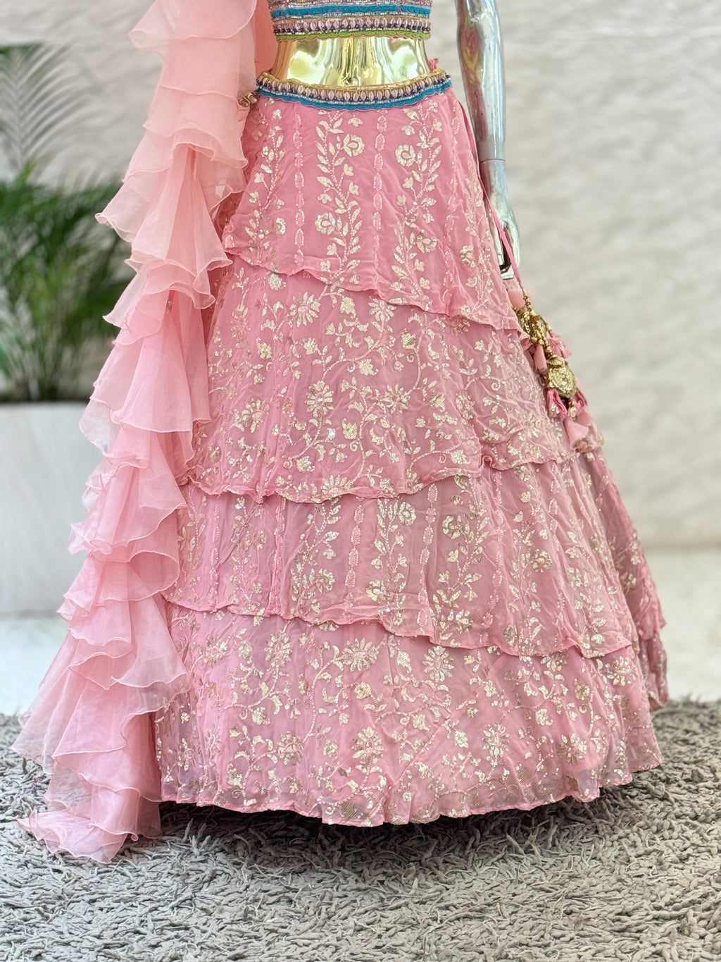 Baby Pink Tiered Sequined Lehenga Skirt & Hand-Embroidered Cold-Shoulder Crop Top Set with Ruffled Dupatt 105711a