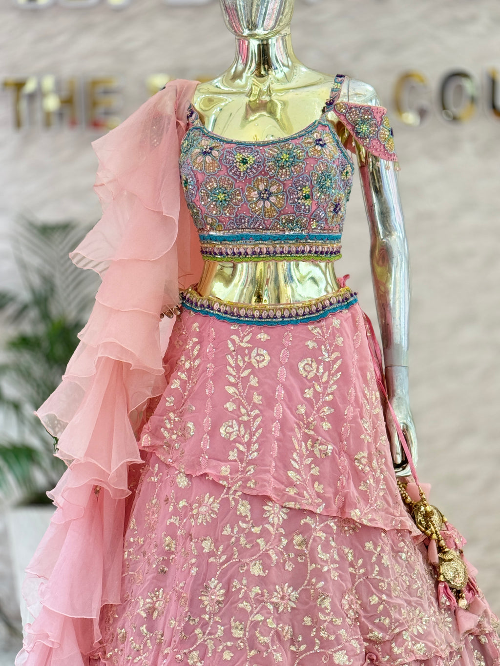 Baby Pink Tiered Sequined Lehenga Skirt & Hand-Embroidered Cold-Shoulder Crop Top Set with Ruffled Dupatt 105711a