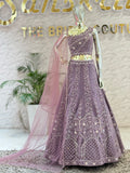 Mauve Purple Embroidered Crop Top Skirt Set with Matching Net Dupatta  110505