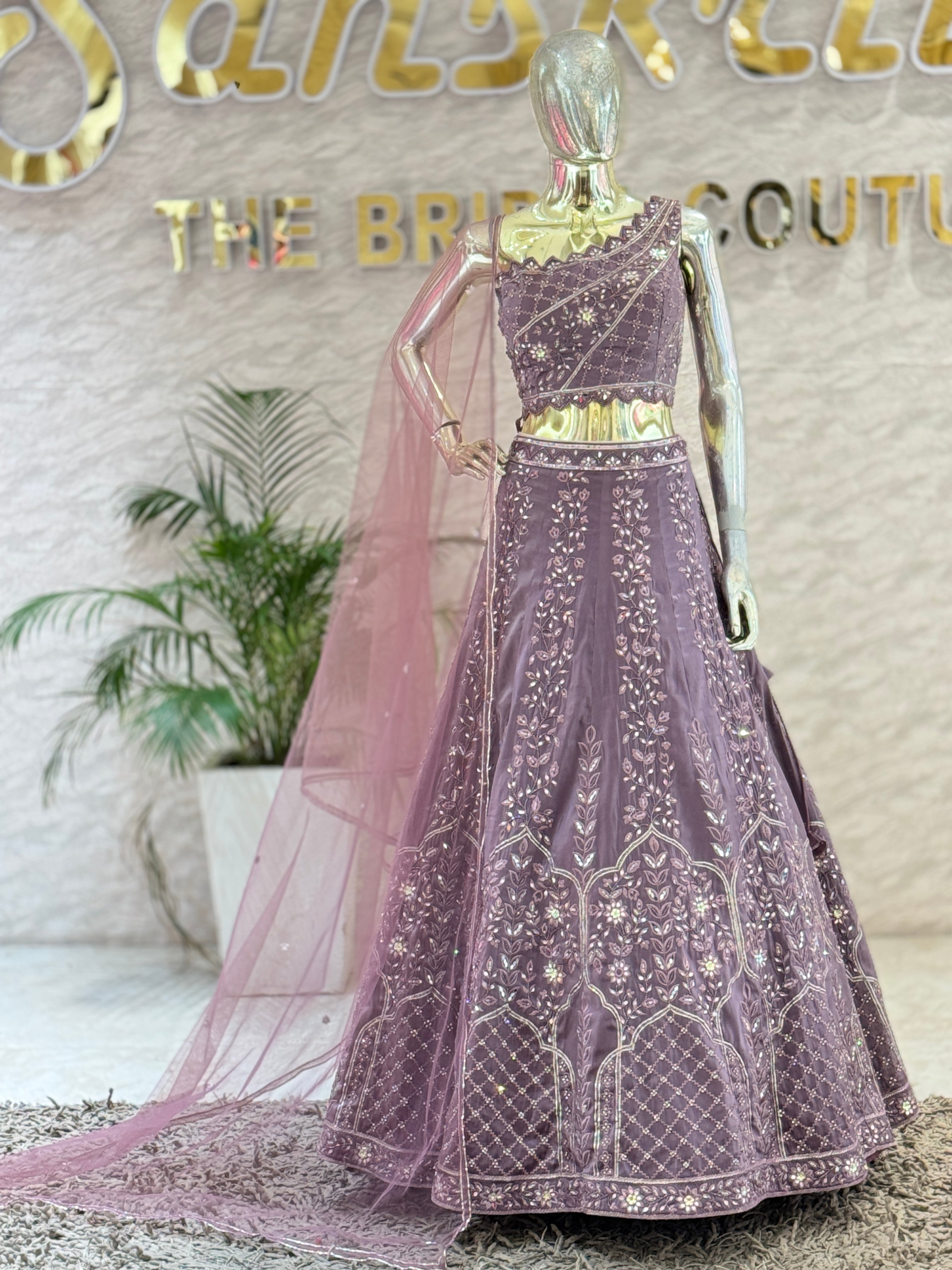 Mauve Purple Embroidered Crop Top Skirt Set with Matching Net Dupatta  110505