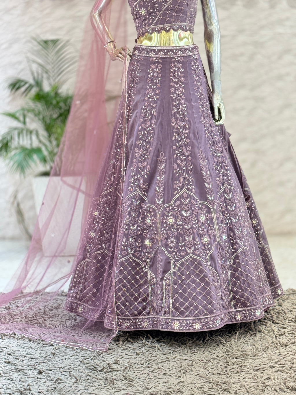Mauve Purple Embroidered Crop Top Skirt Set with Matching Net Dupatta  110505