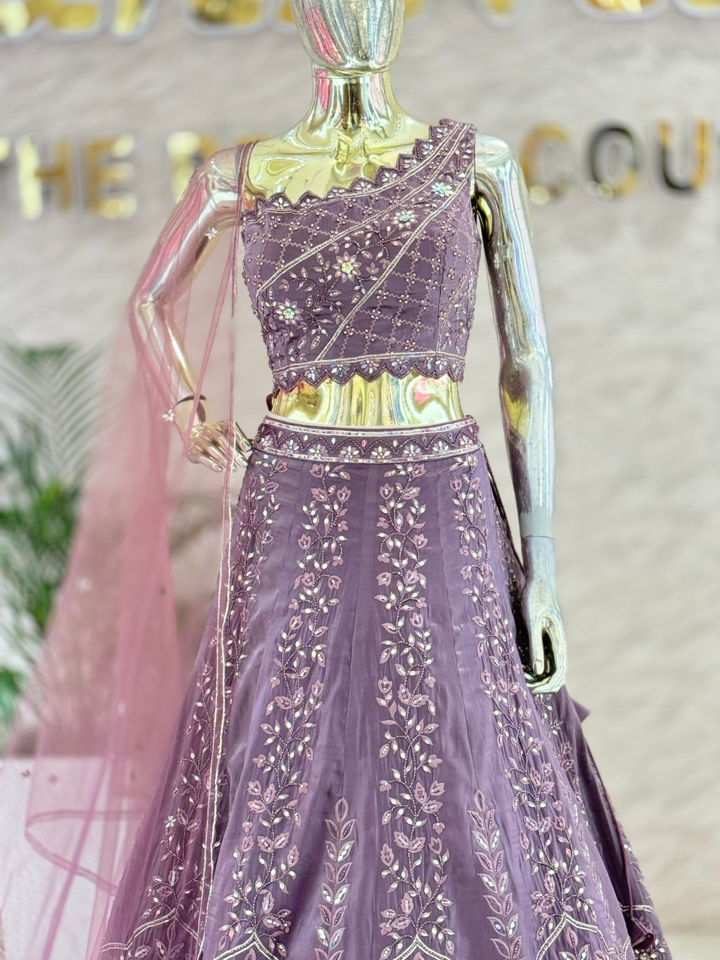 Mauve Purple Embroidered Crop Top Skirt Set with Matching Net Dupatta  110505
