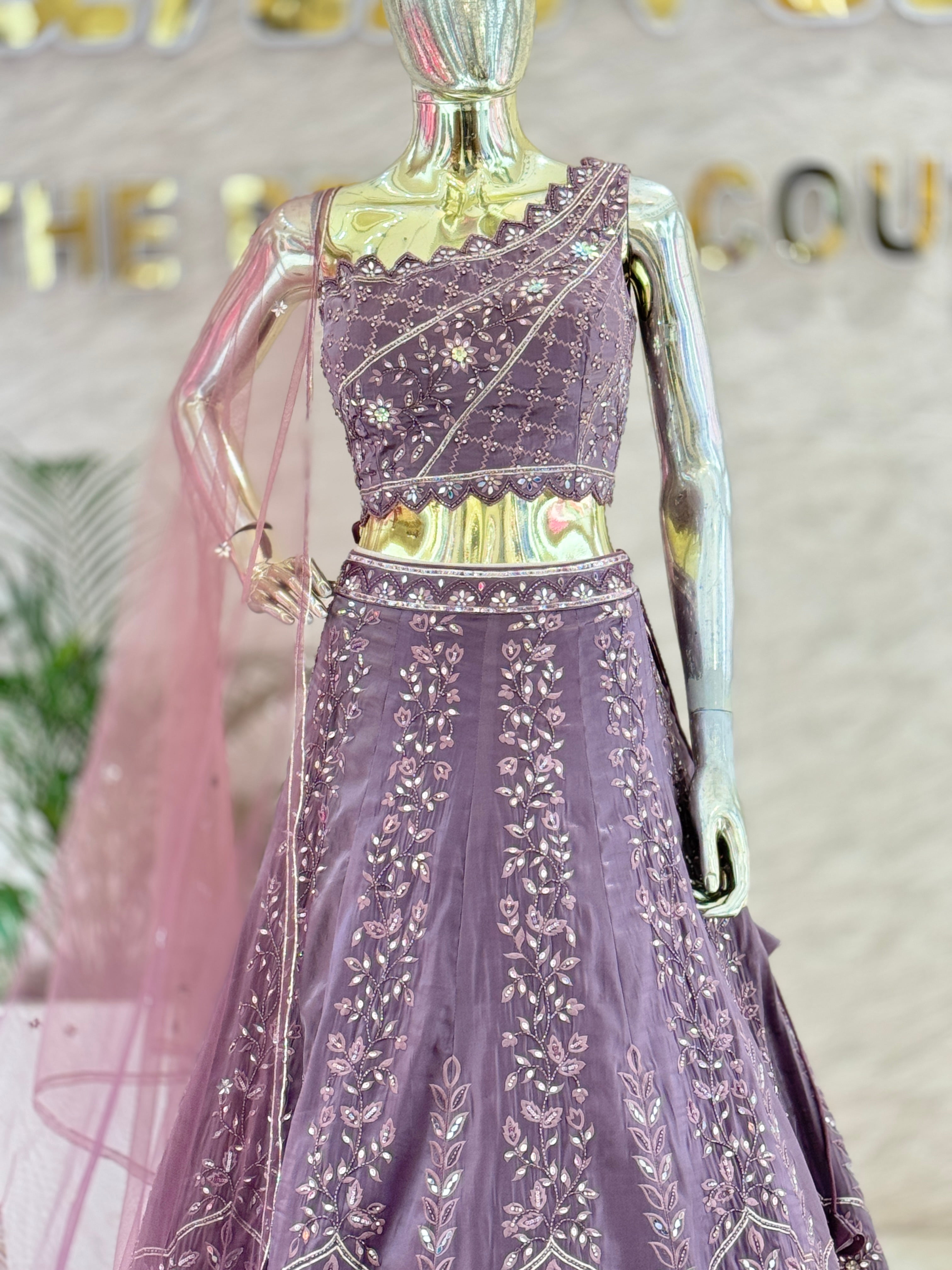 Mauve Purple Embroidered Crop Top Skirt Set with Matching Net Dupatta  110505