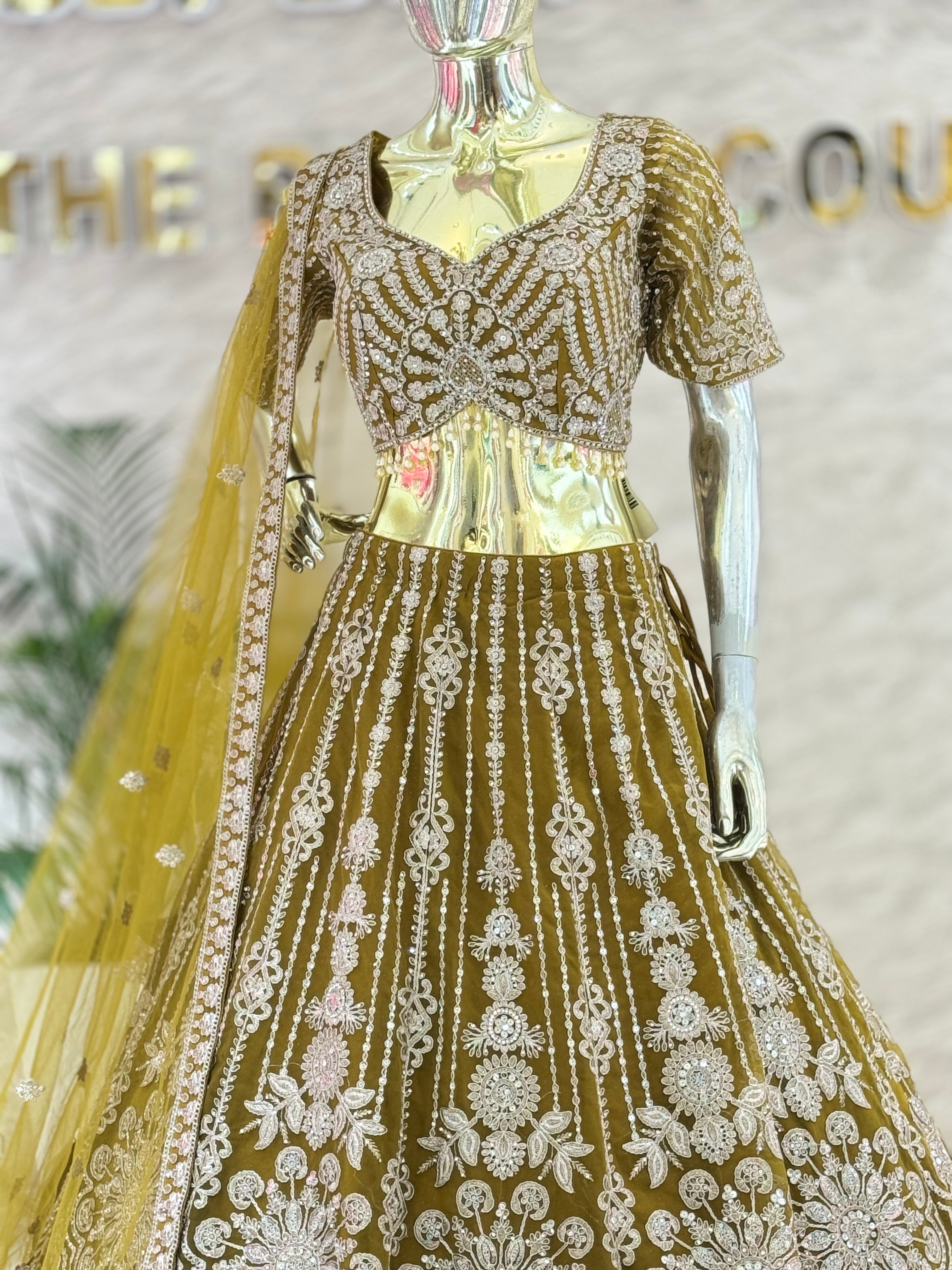 mehendi  Green Heavily Embroidered Velvet Lehenga Choli Set with Net Dupatta q561525