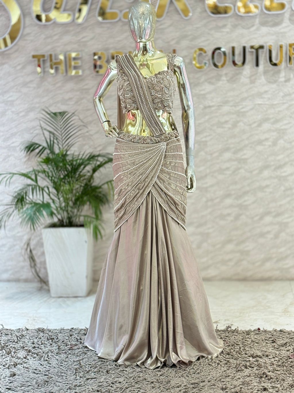 Champagne Gold Draped Mermaid Skirt Set with Pearl Embellished Crop Top and Attached Pre-stitched Dupatta q562345