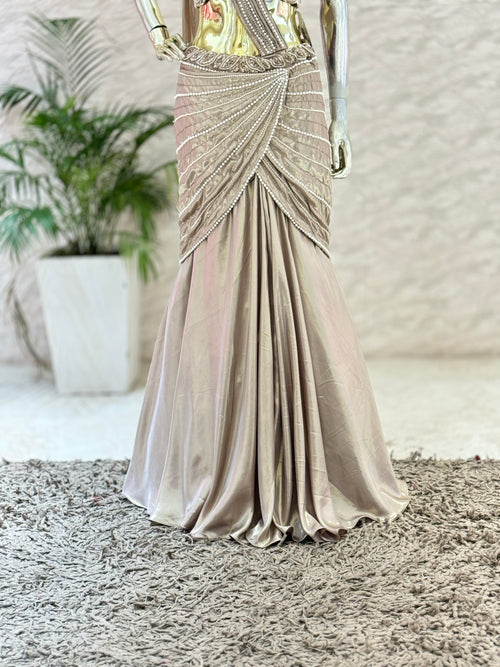 Champagne Gold Draped Mermaid Skirt Set with Pearl Embellished Crop Top and Attached Pre-stitched Dupatta q562345