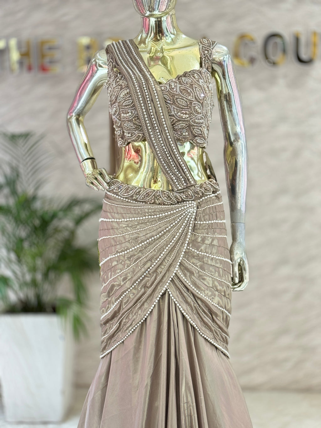 Champagne Gold Draped Mermaid Skirt Set with Pearl Embellished Crop Top and Attached Pre-stitched Dupatta q562345