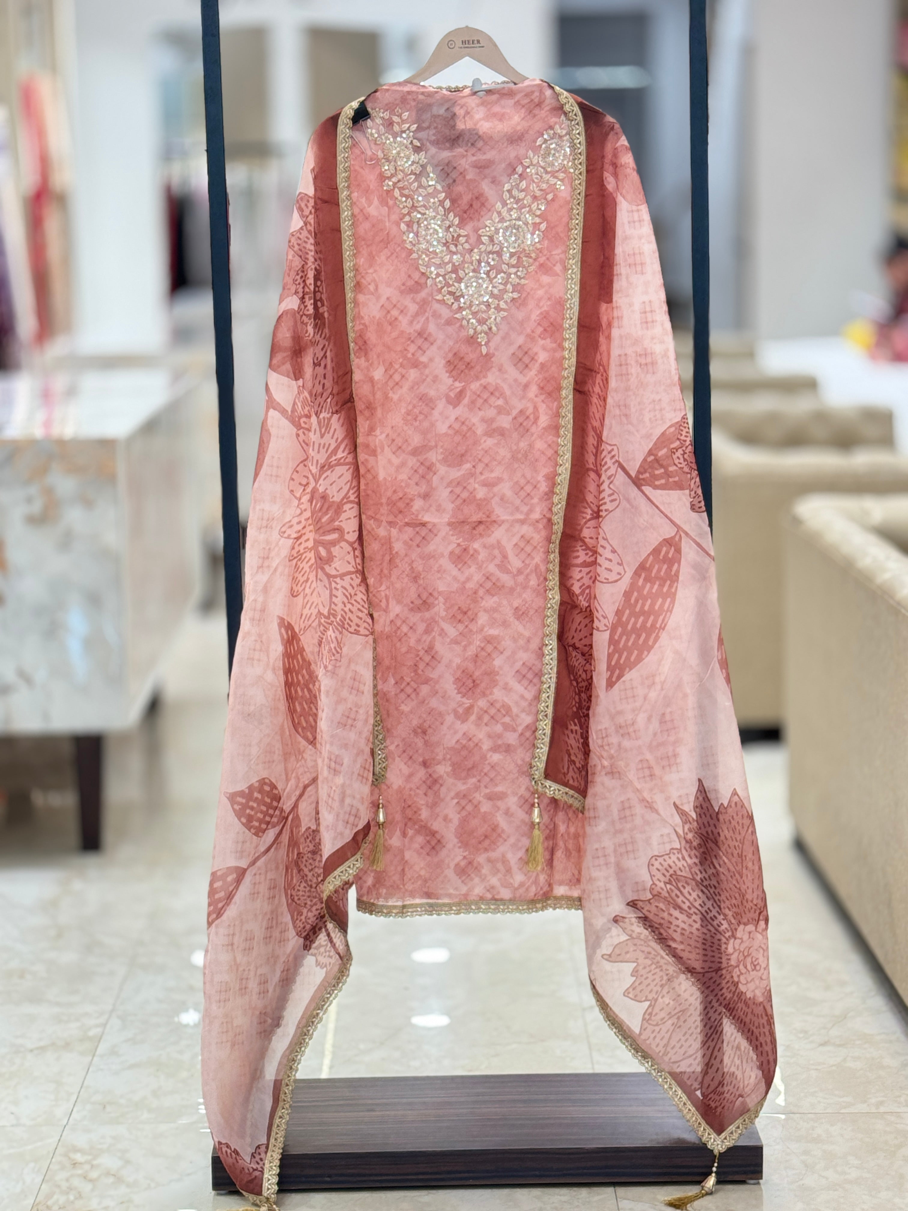 Premium Dusty Rose Pink Printed Unstitched Suit with Embroidered Neckline q561941