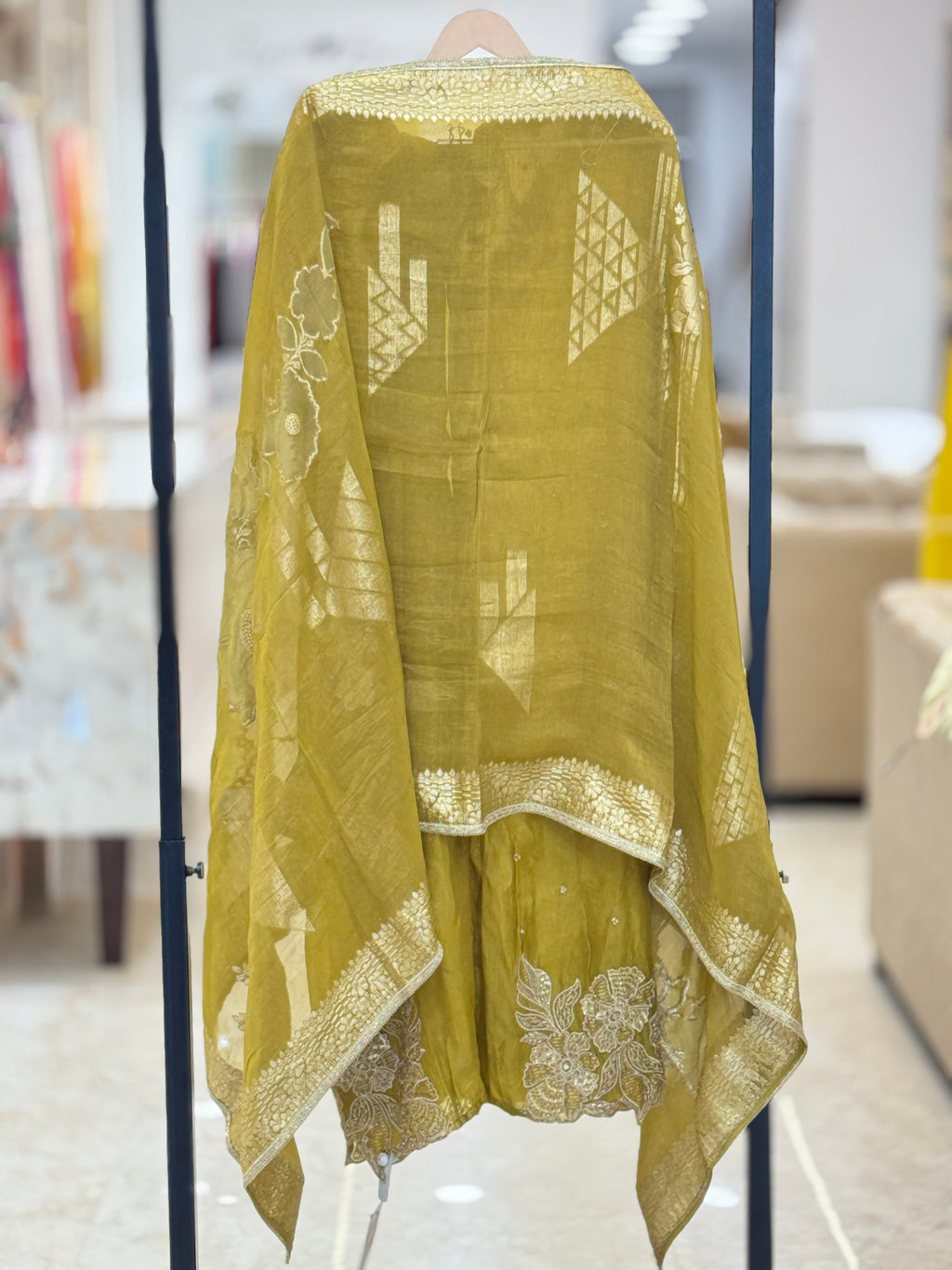 Elegant Olive Green Embroidered Unstitched Suit Set with Designer Dupatta q562348