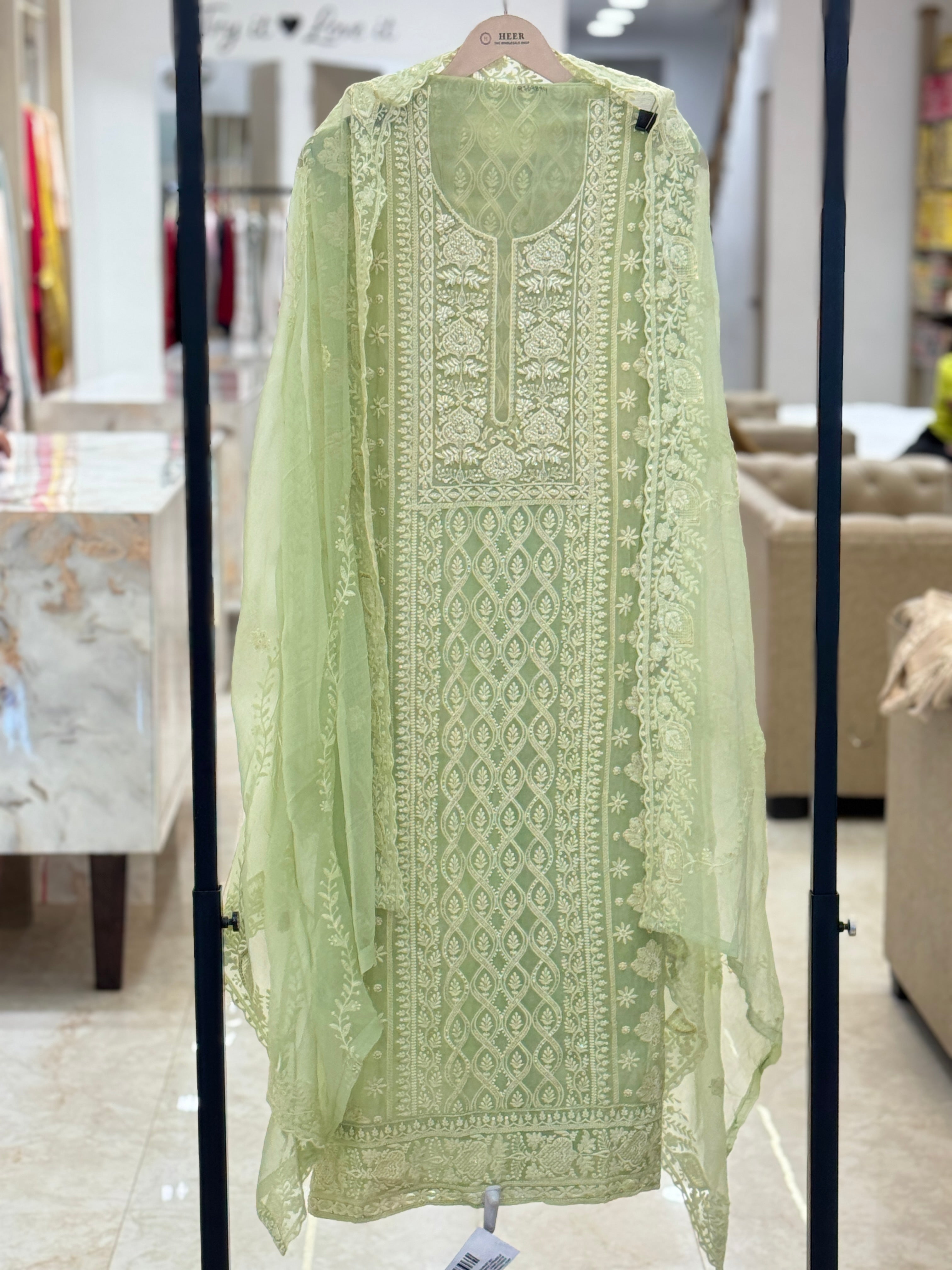 Premium Pastel Green Embroidered Unstitched Suit Set with Designer Dupatta q562894