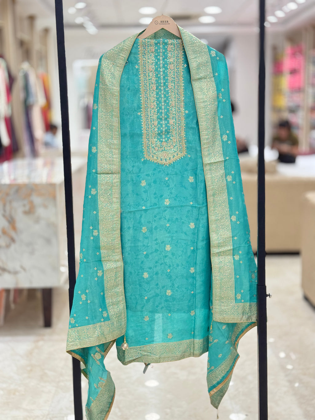 Turquoise Gold Elegance Embroidered Unstitched Suit q561583