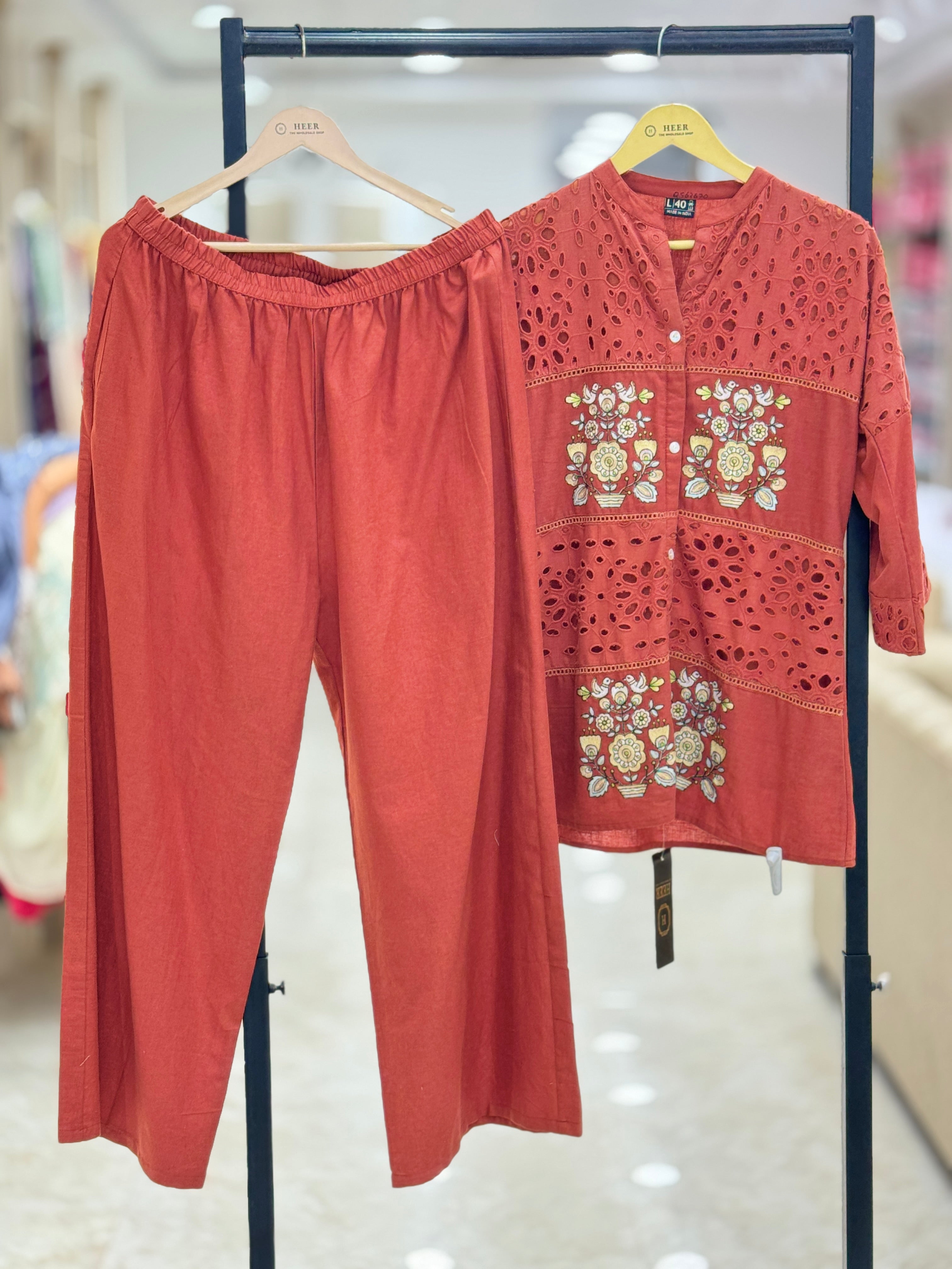 Rust Red Cutwork & Embroidered Cotton Coo-Ord Set q562670