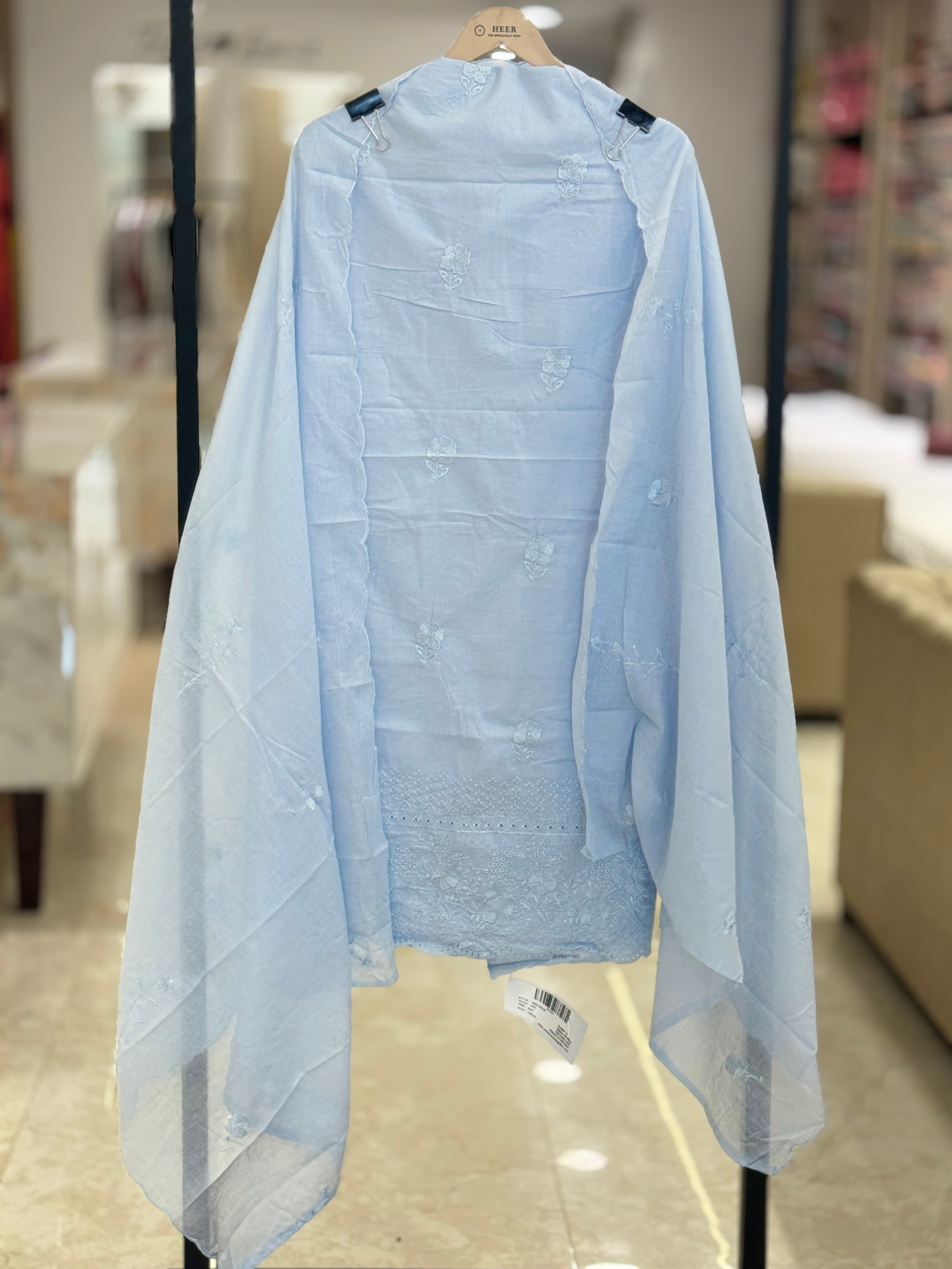 Sky Blue Hand-Embroidered Cotton Unstitched Suit Set with Dupatta q562908