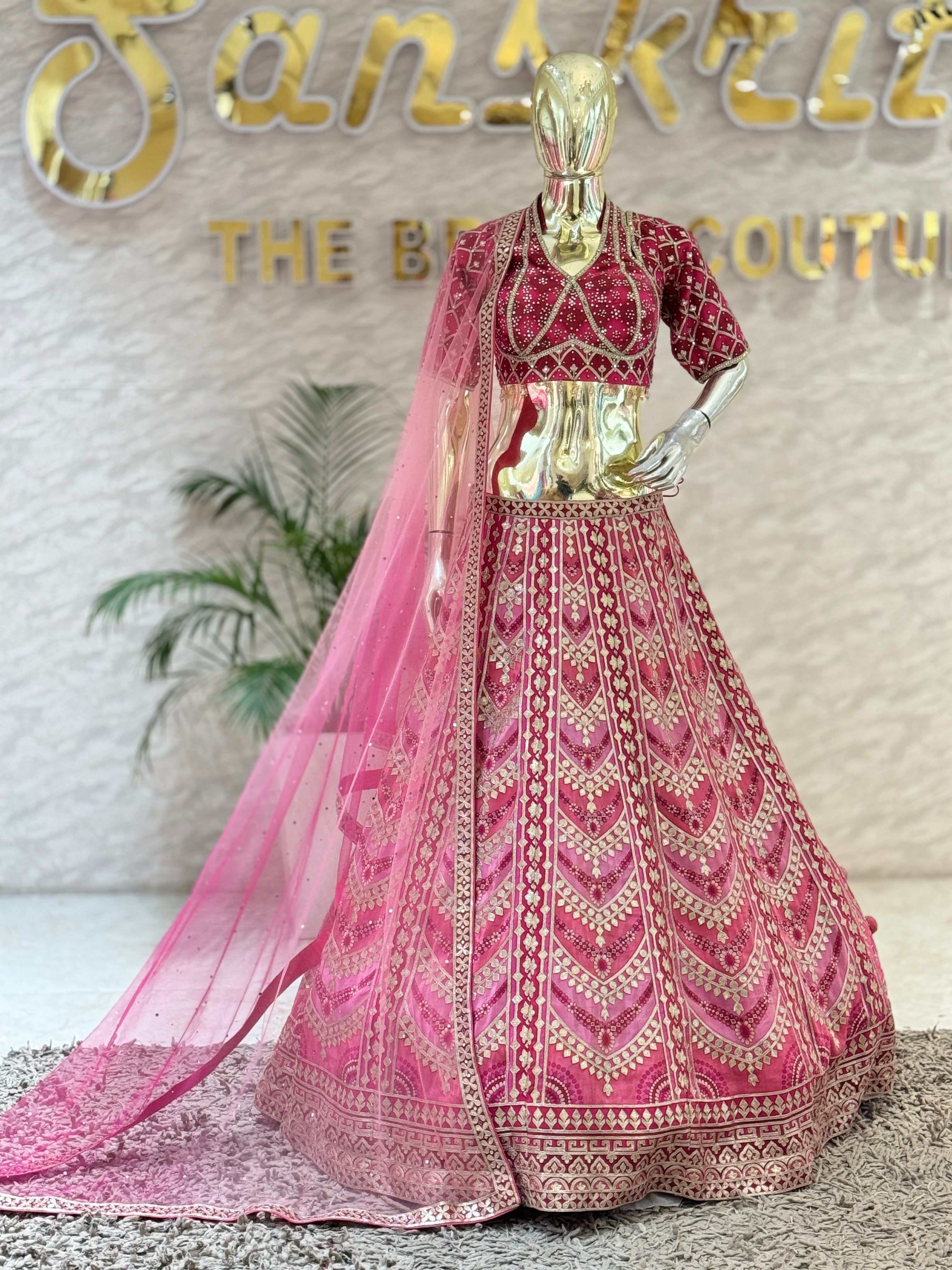 Magenta & Pink Ombre Sequined Silk Designer Bridal and non bridal Lehengha Set  q562262