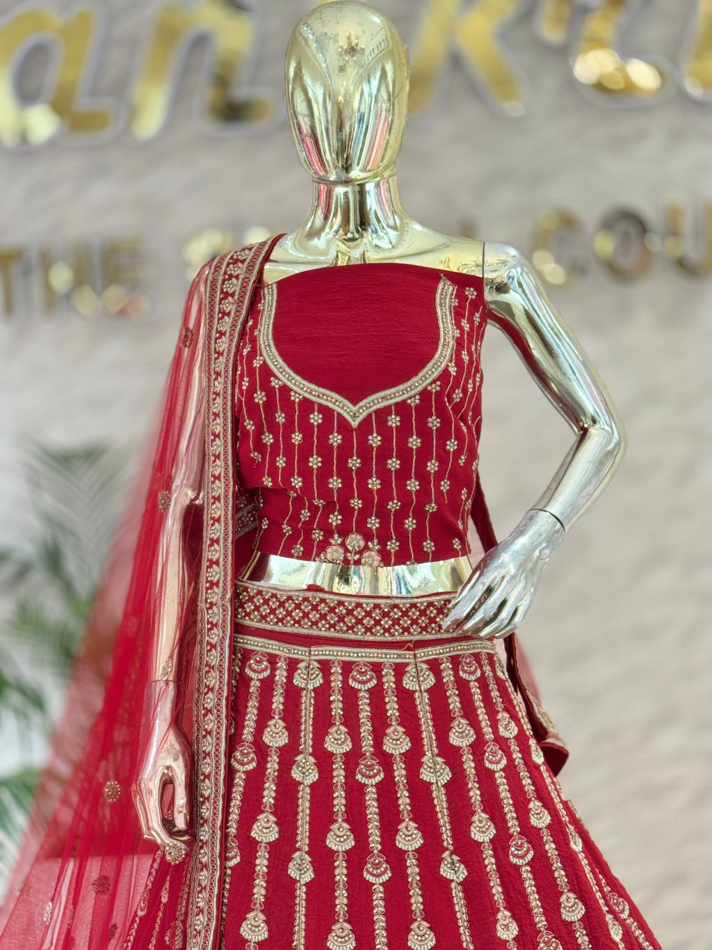 Classic Crimson Red Vertical Motif Bridal Lehenga Choli Set 105371