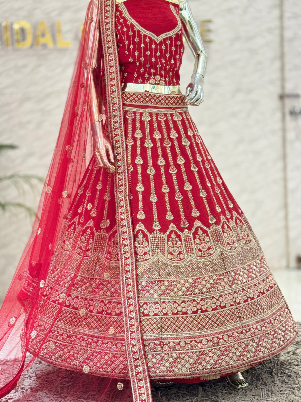 Classic Crimson Red Vertical Motif Bridal Lehenga Choli Set 105371