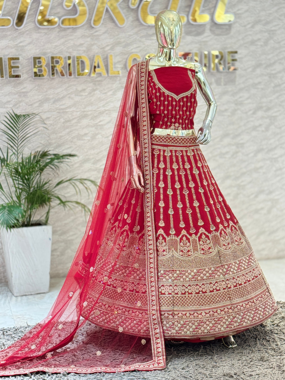 Classic Crimson Red Vertical Motif Bridal Lehenga Choli Set 105371