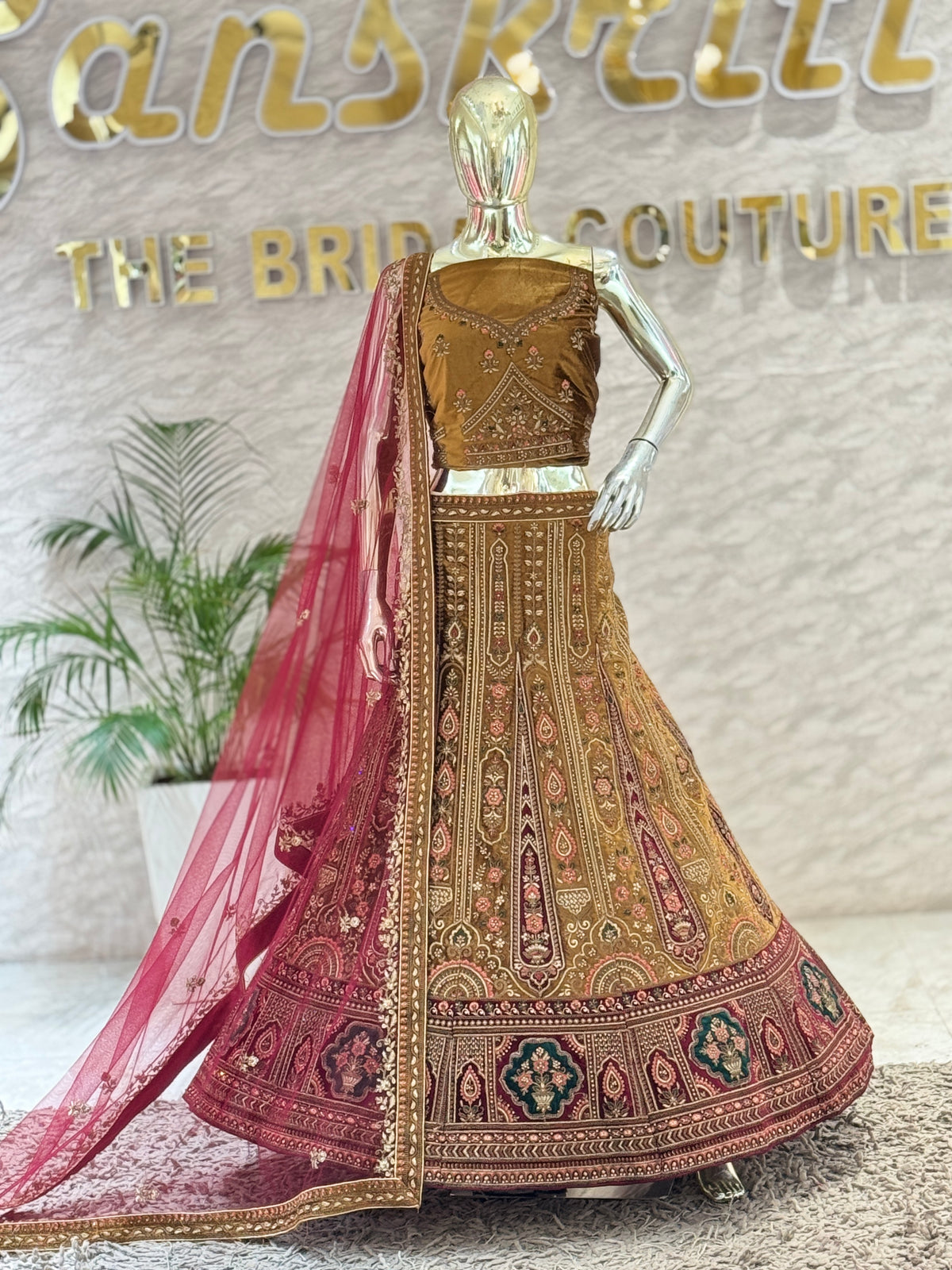 Regal Antique Gold Velvet Hand-Embroidered Bridal Lehenga Choli Set 109689